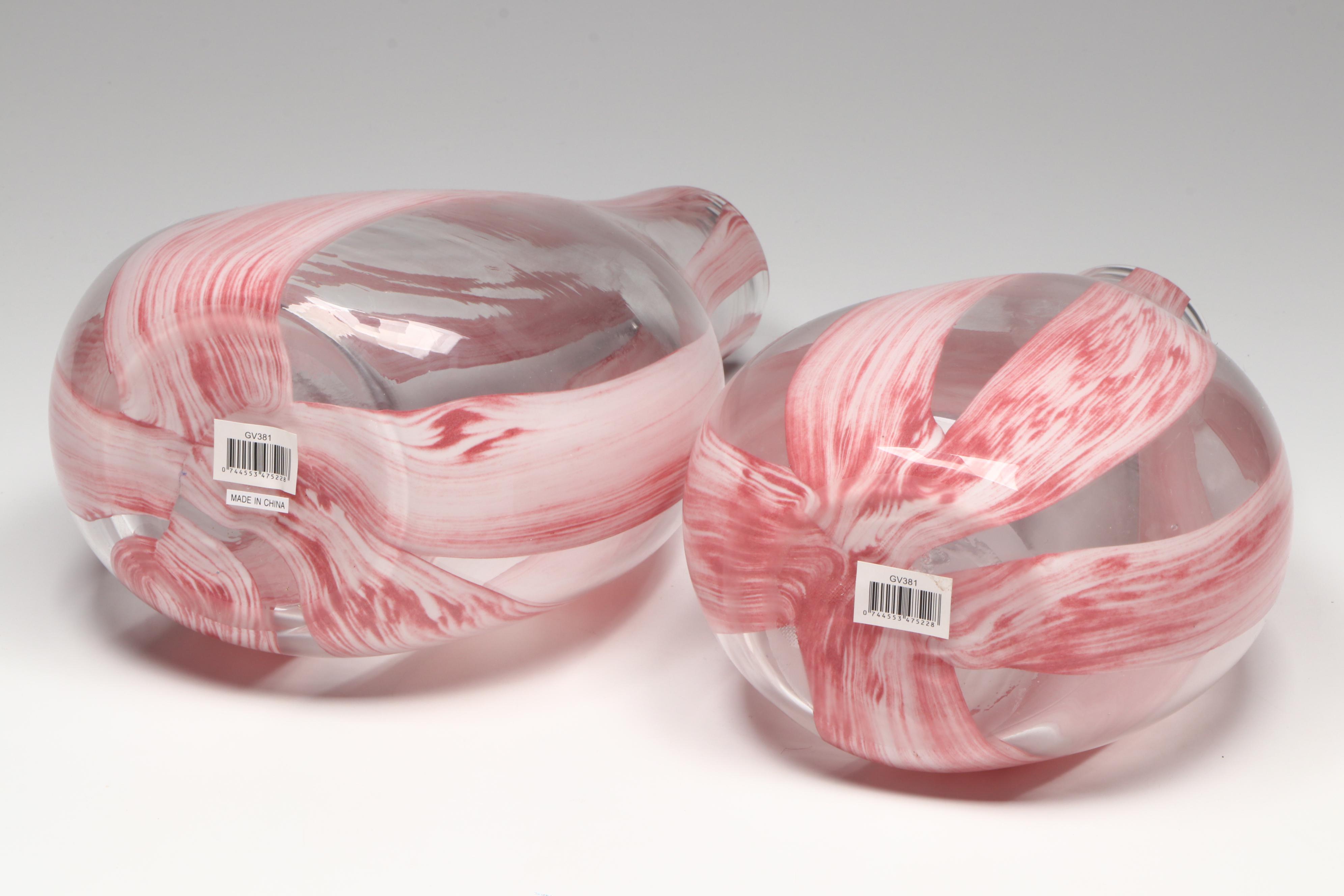 Pair of Oxblood Modern Vases and Pair of Pink Striped Teardrop Bottle Vases