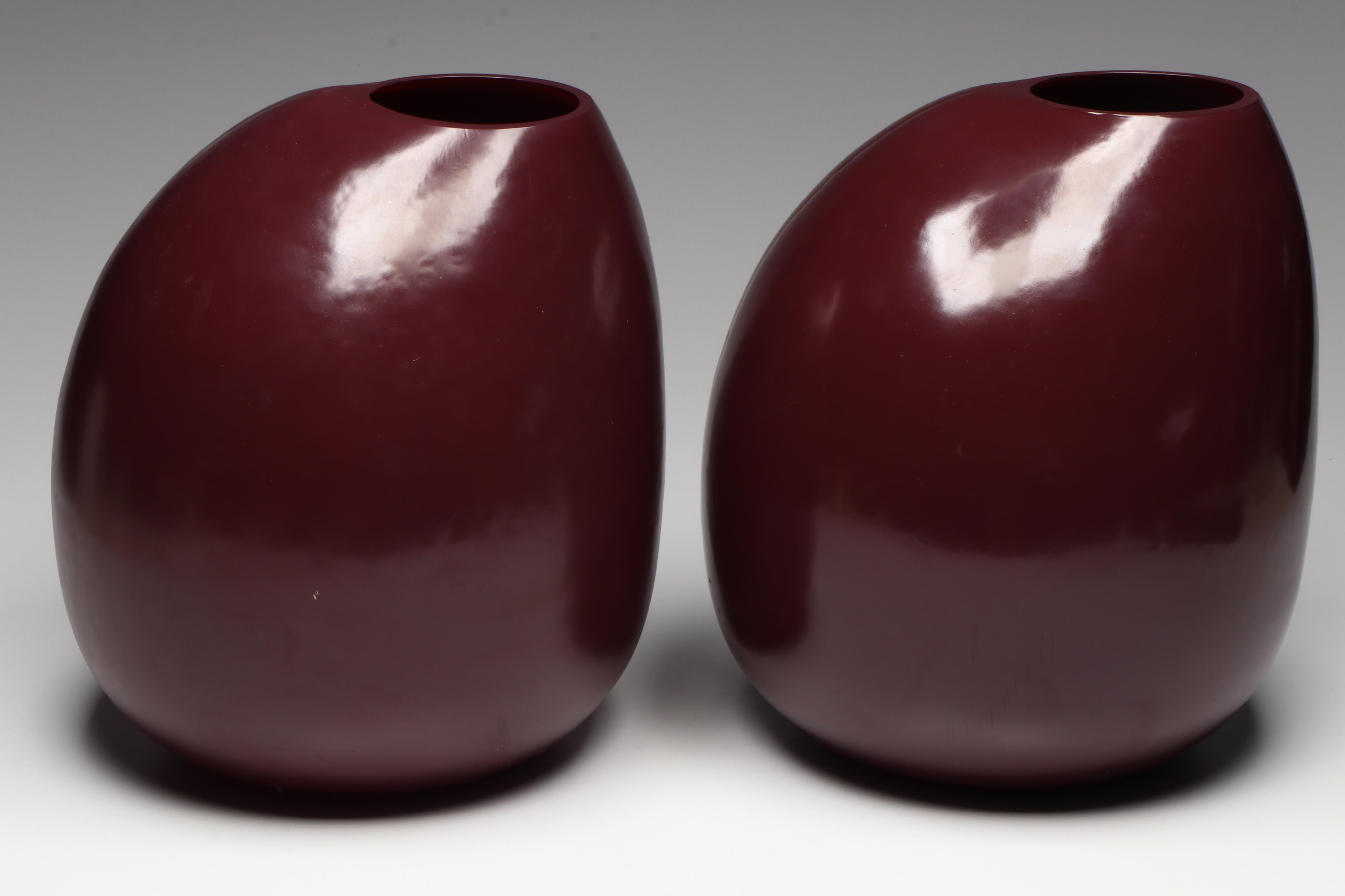 Pair of Oxblood Modern Vases and Pair of Pink Striped Teardrop Bottle Vases