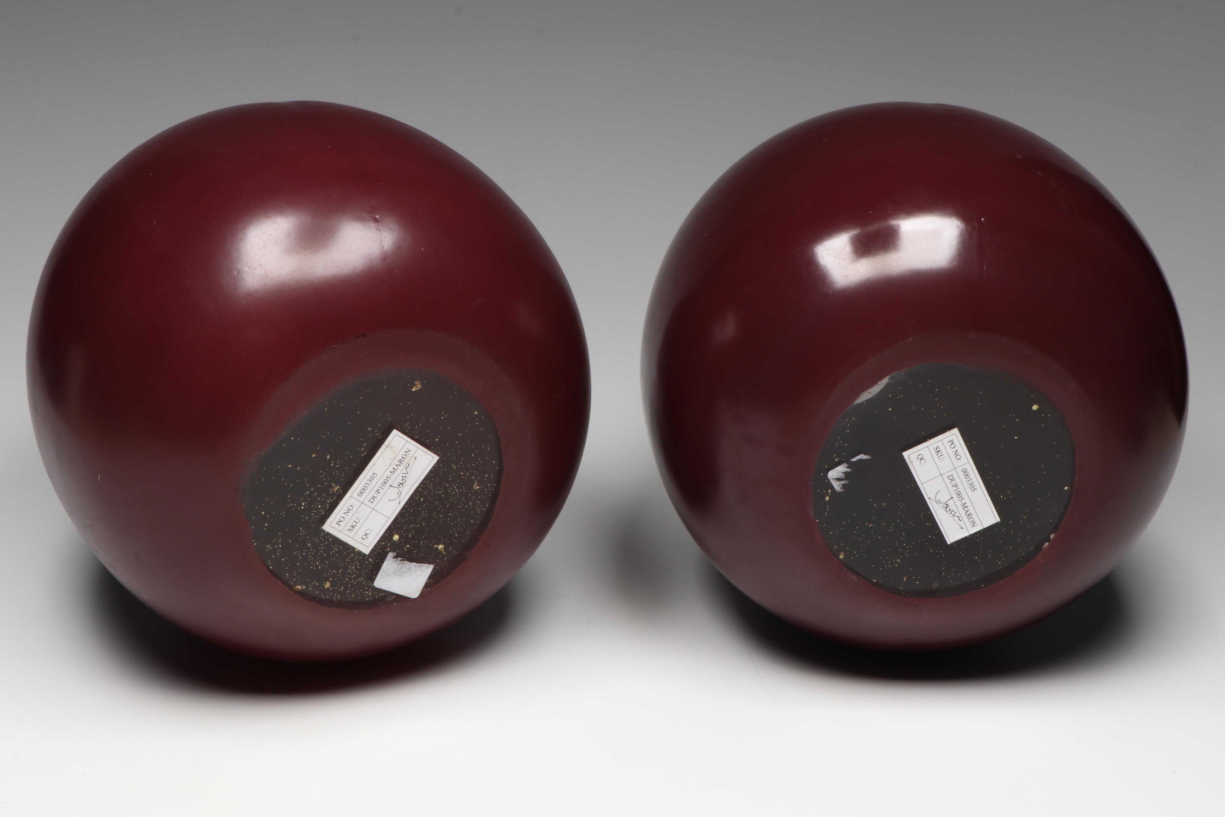 Pair of Oxblood Modern Vases and Pair of Pink Striped Teardrop Bottle Vases