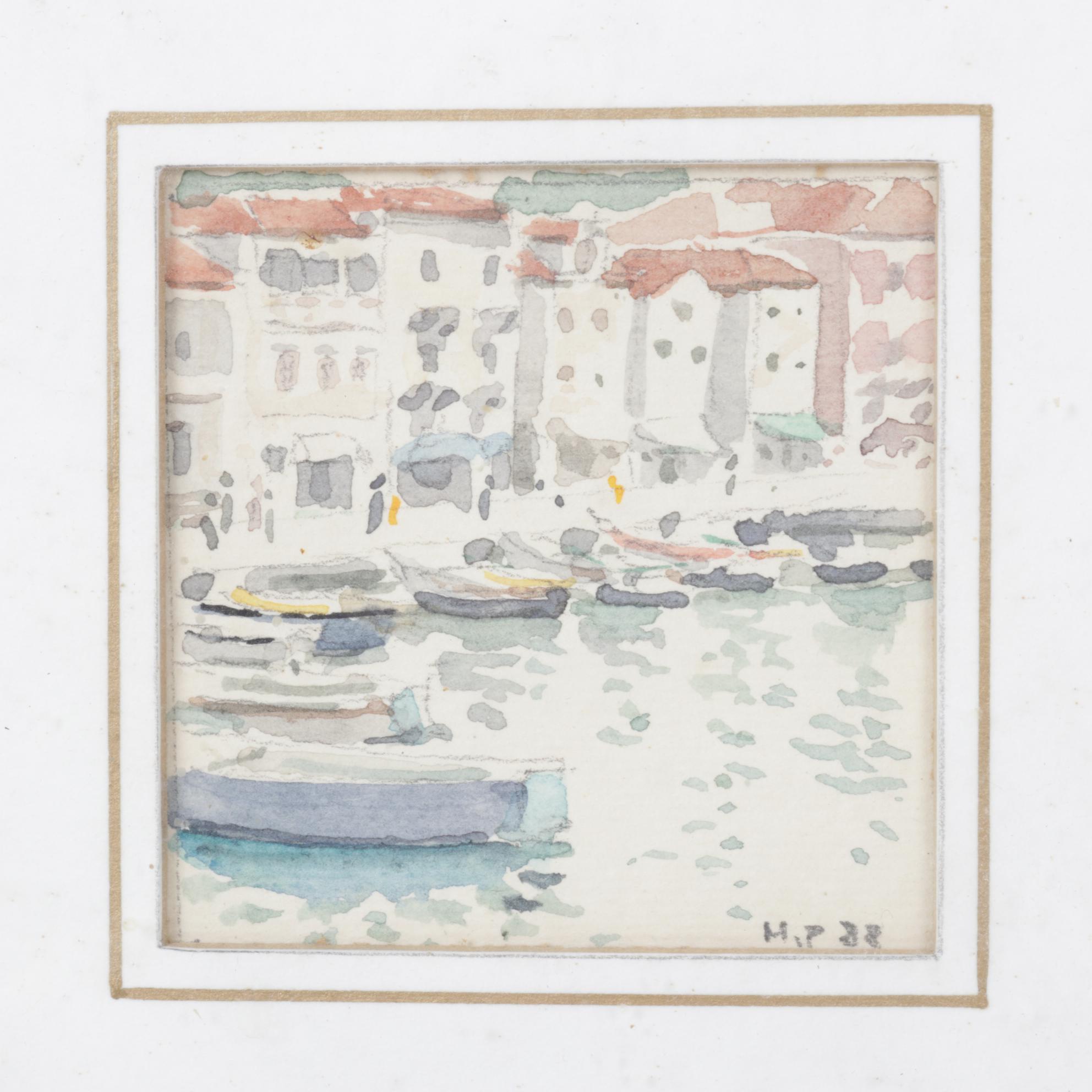 H.P. Signed Miniature Watercolor Painting of Boats in Harbour, 1988