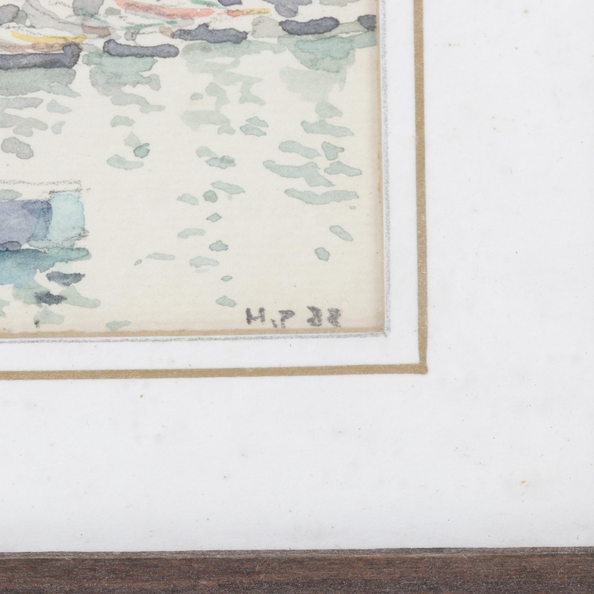 H.P. Signed Miniature Watercolor Painting of Boats in Harbour, 1988