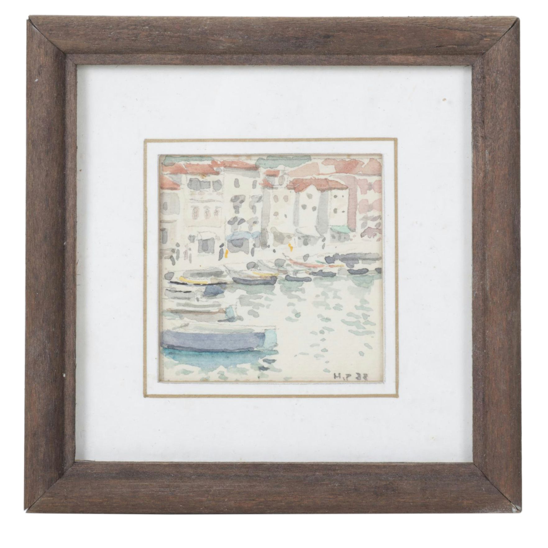 H.P. Signed Miniature Watercolor Painting of Boats in Harbour, 1988