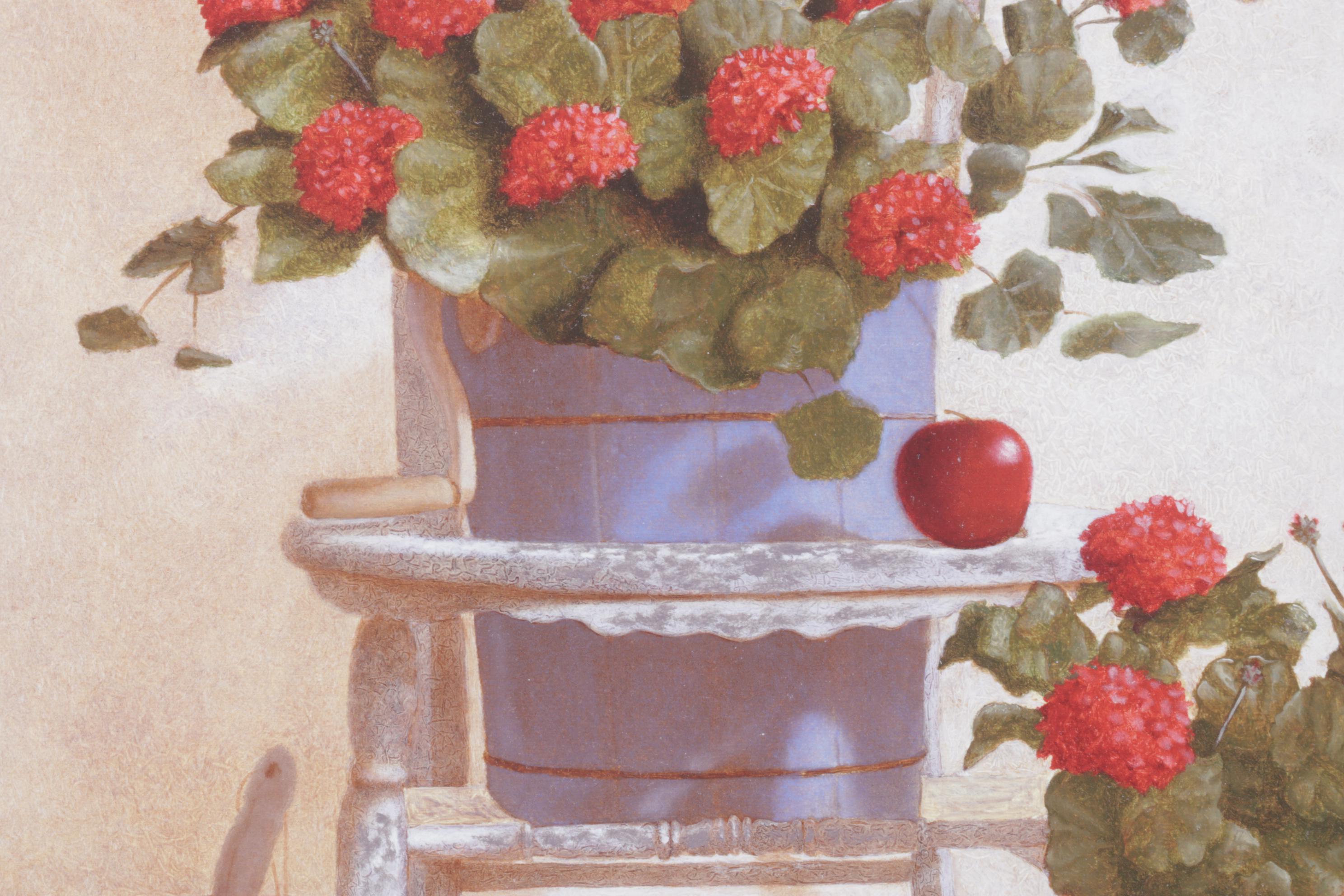 Ron Wickersham Offset Lithograph Still Life of Potted Geraniums in Chair