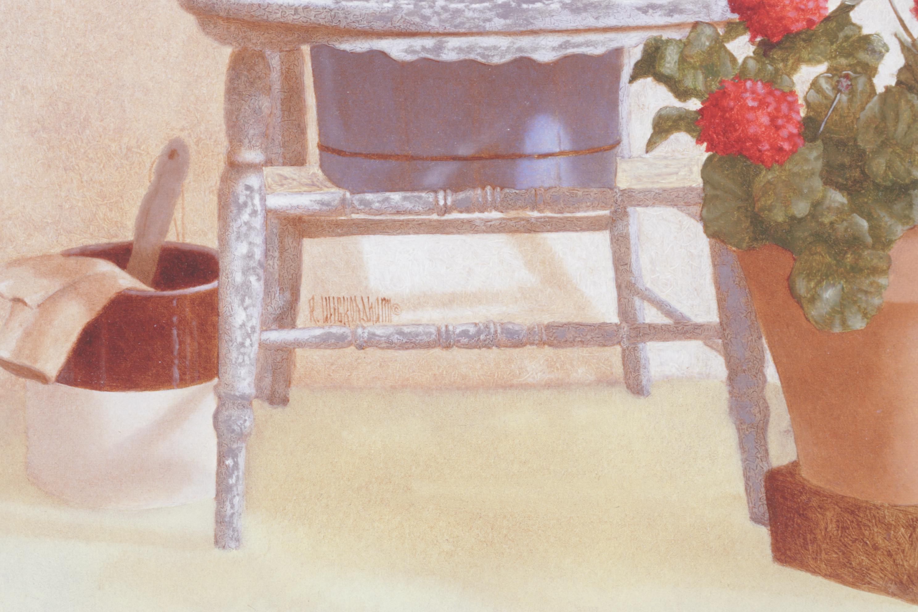 Ron Wickersham Offset Lithograph Still Life of Potted Geraniums in Chair