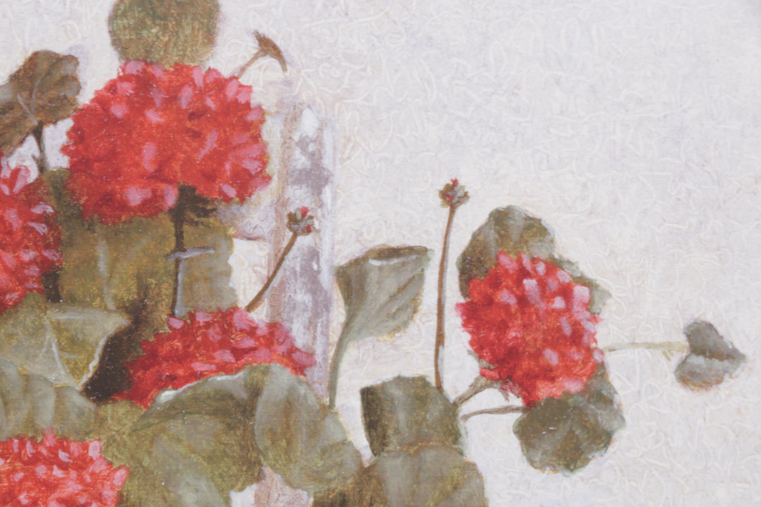 Ron Wickersham Offset Lithograph Still Life of Potted Geraniums in Chair