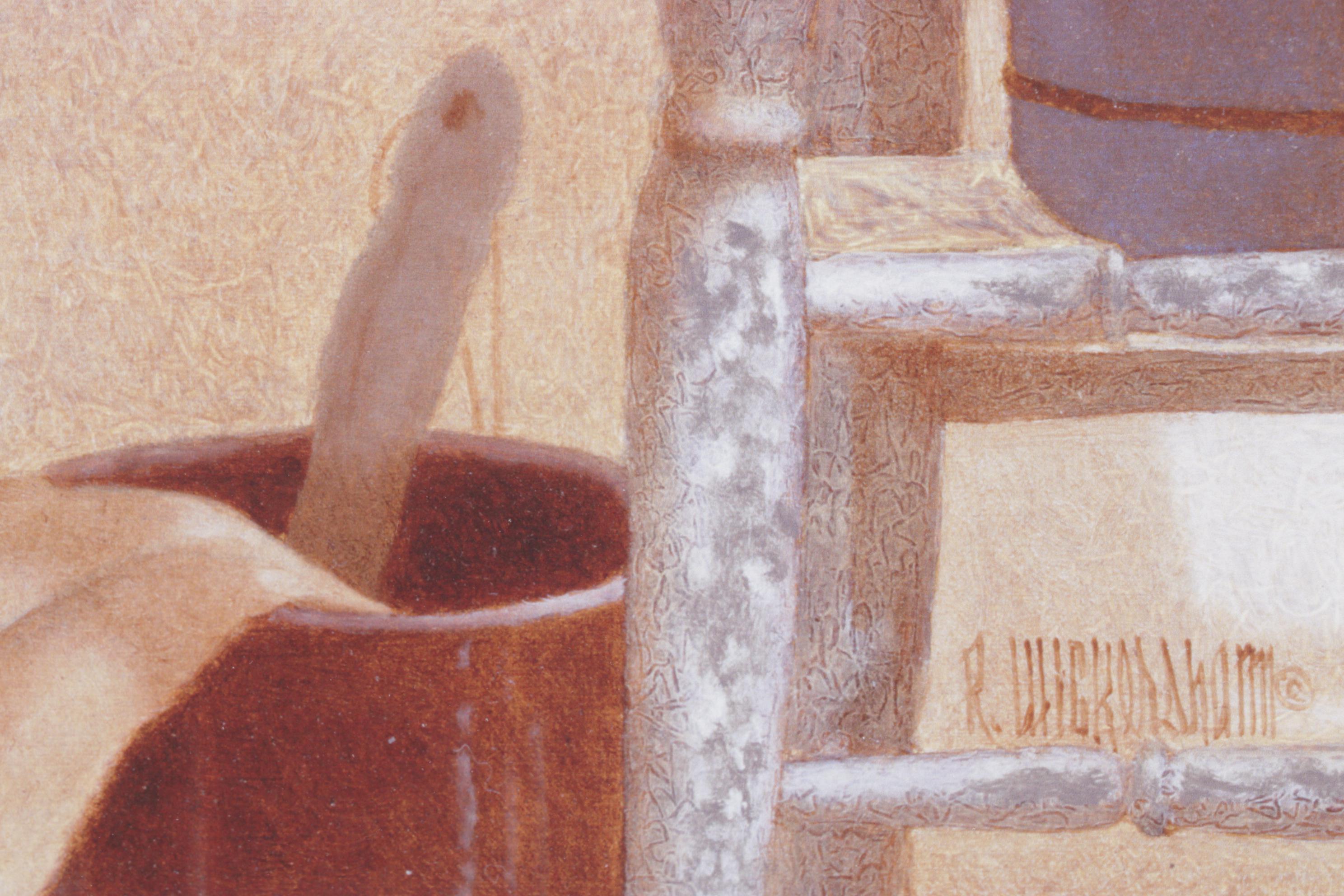 Ron Wickersham Offset Lithograph Still Life of Potted Geraniums in Chair