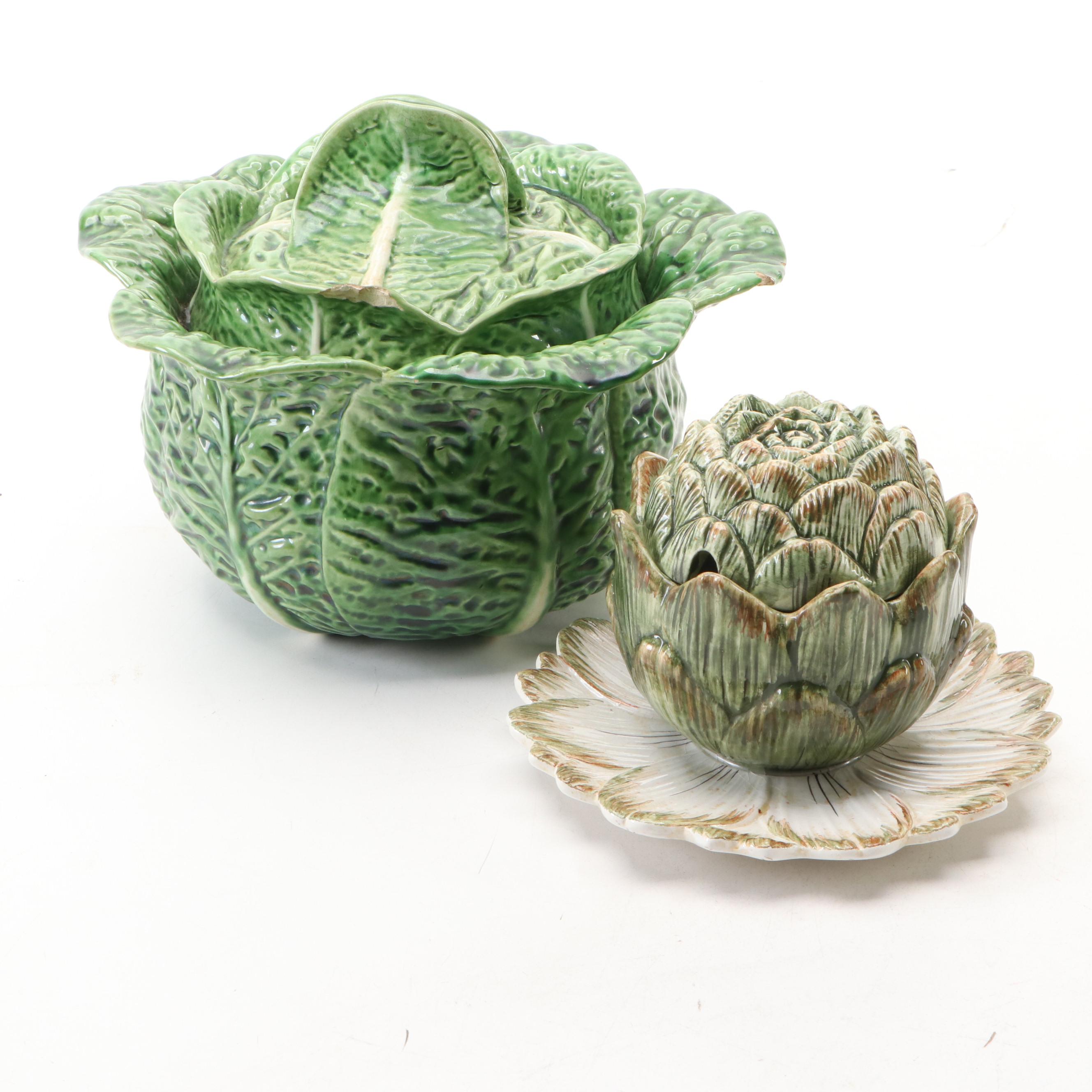 Majolica Style Cabbage and Artichoke Shaped Ceramic Tureens