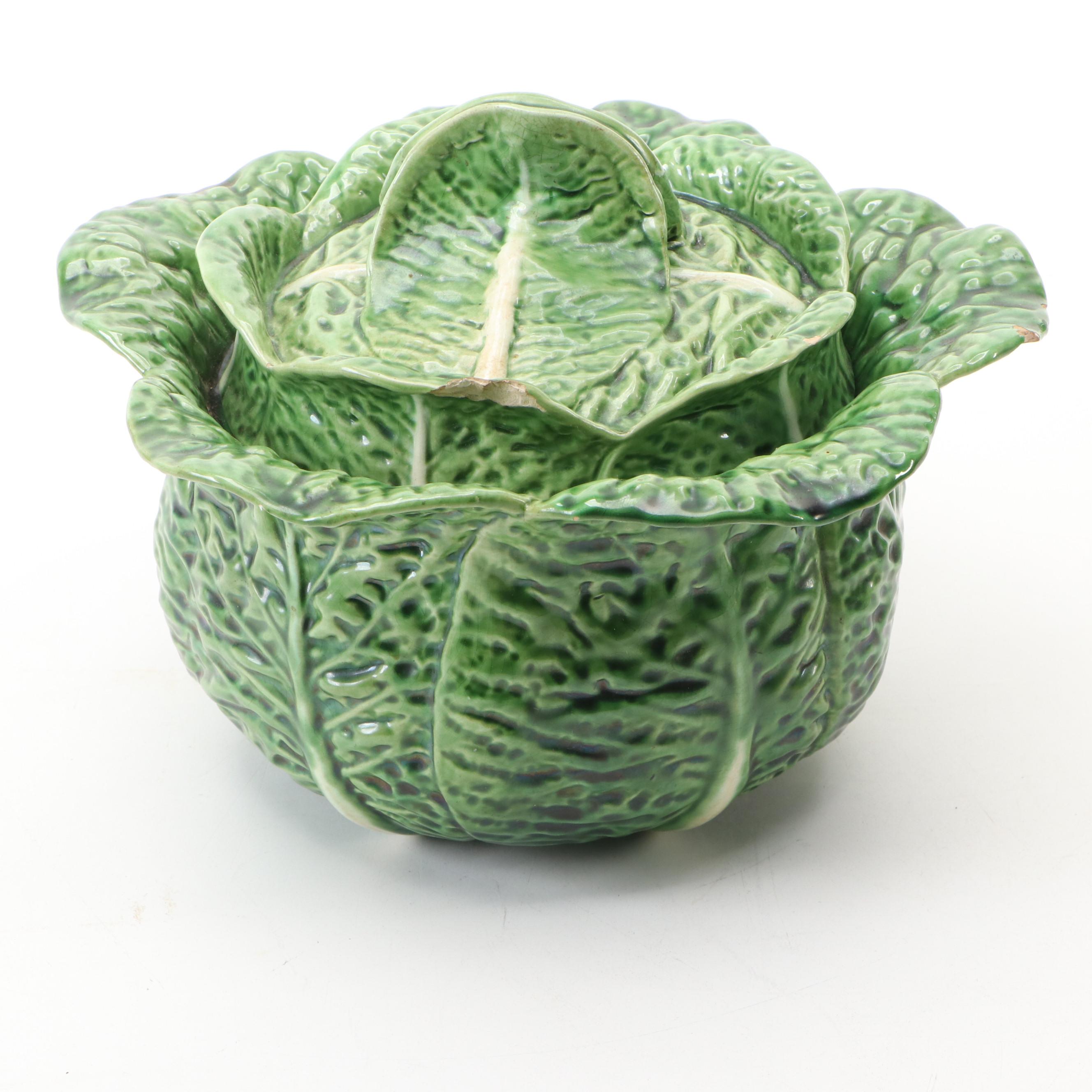 Majolica Style Cabbage and Artichoke Shaped Ceramic Tureens