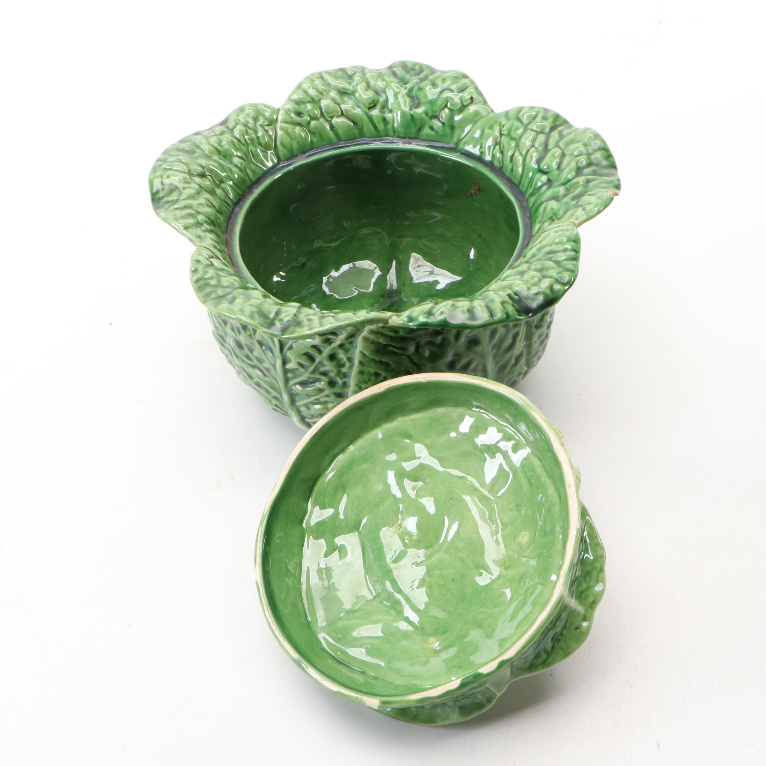 Majolica Style Cabbage and Artichoke Shaped Ceramic Tureens