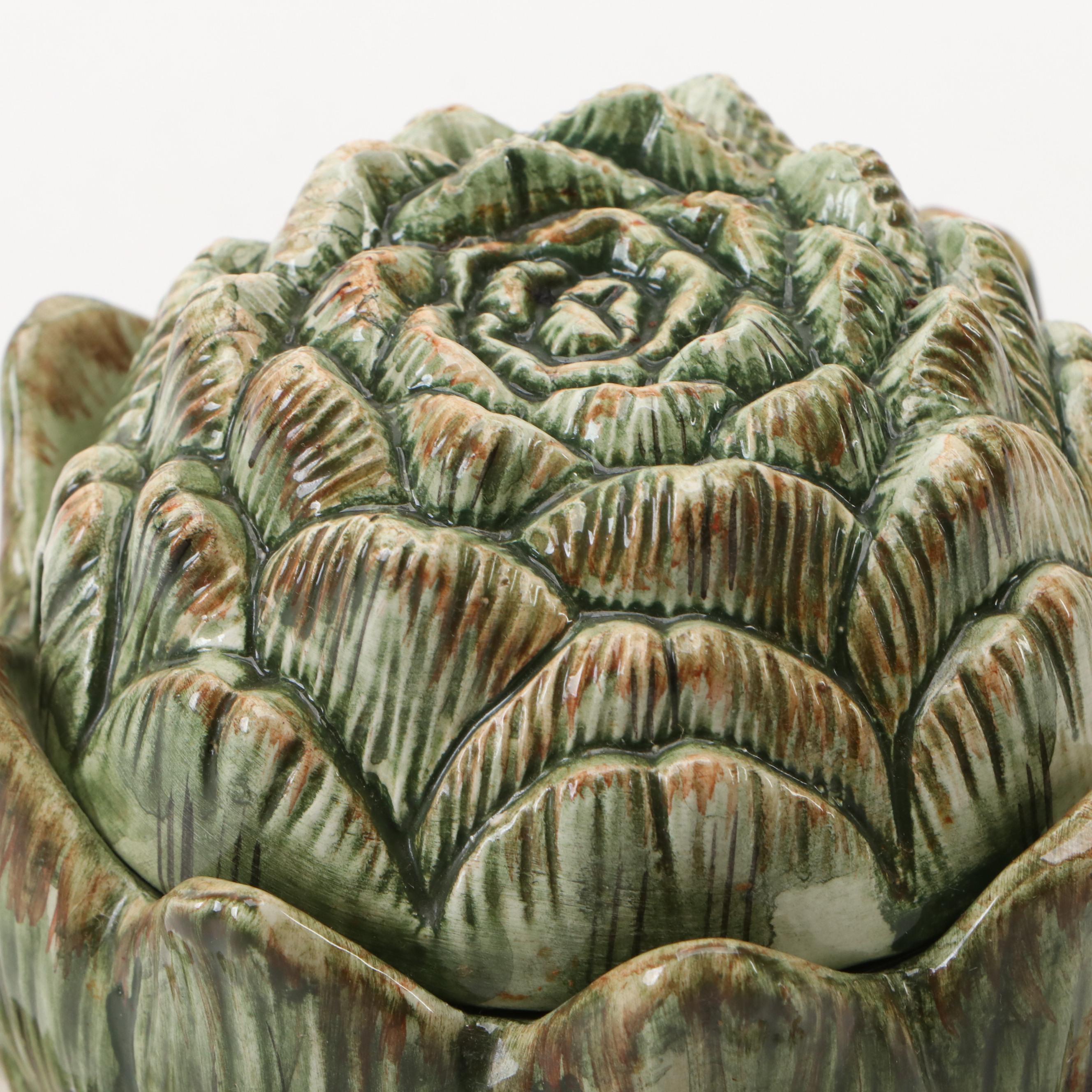 Majolica Style Cabbage and Artichoke Shaped Ceramic Tureens