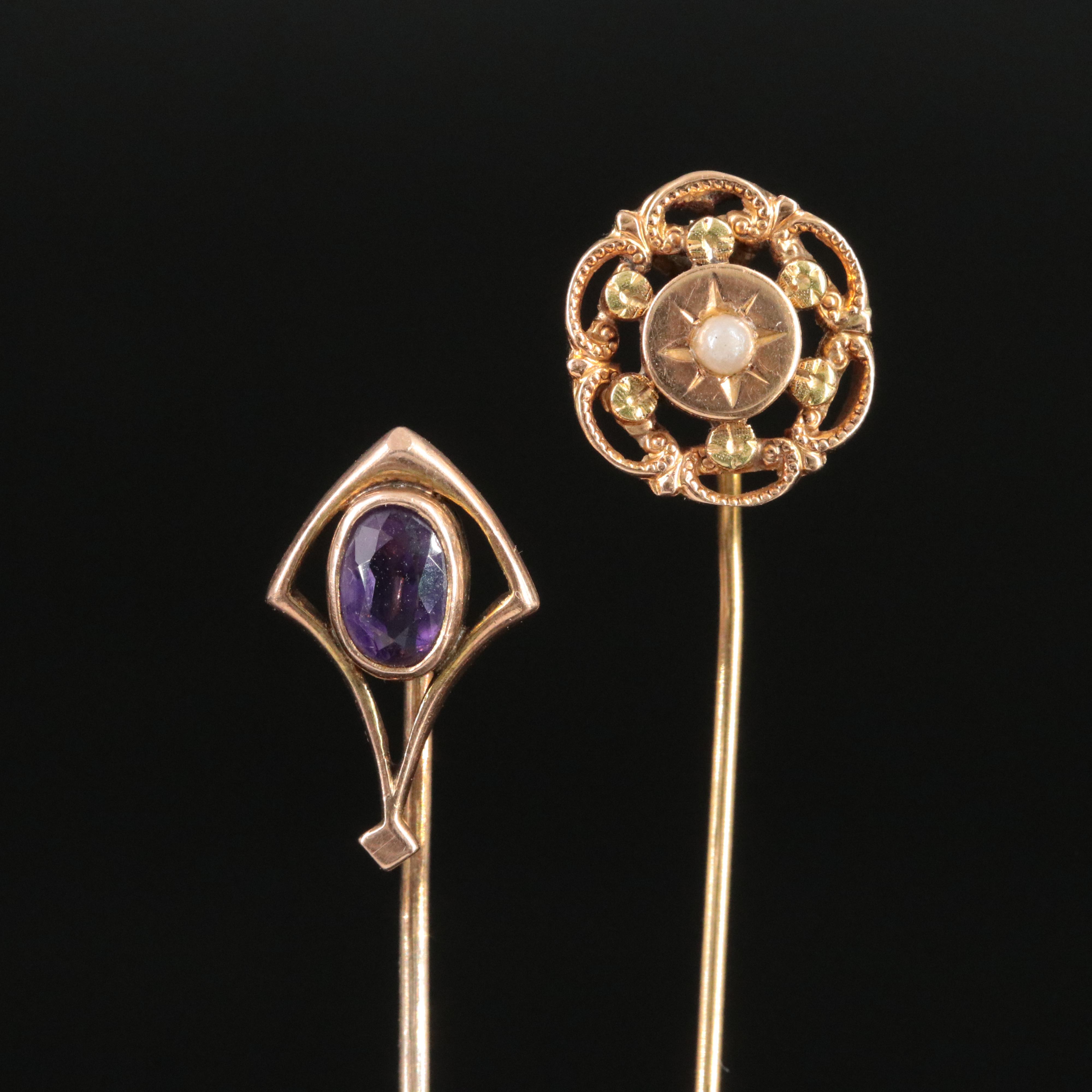 Antique 10K Amethyst and 14K Pearl Stickpins