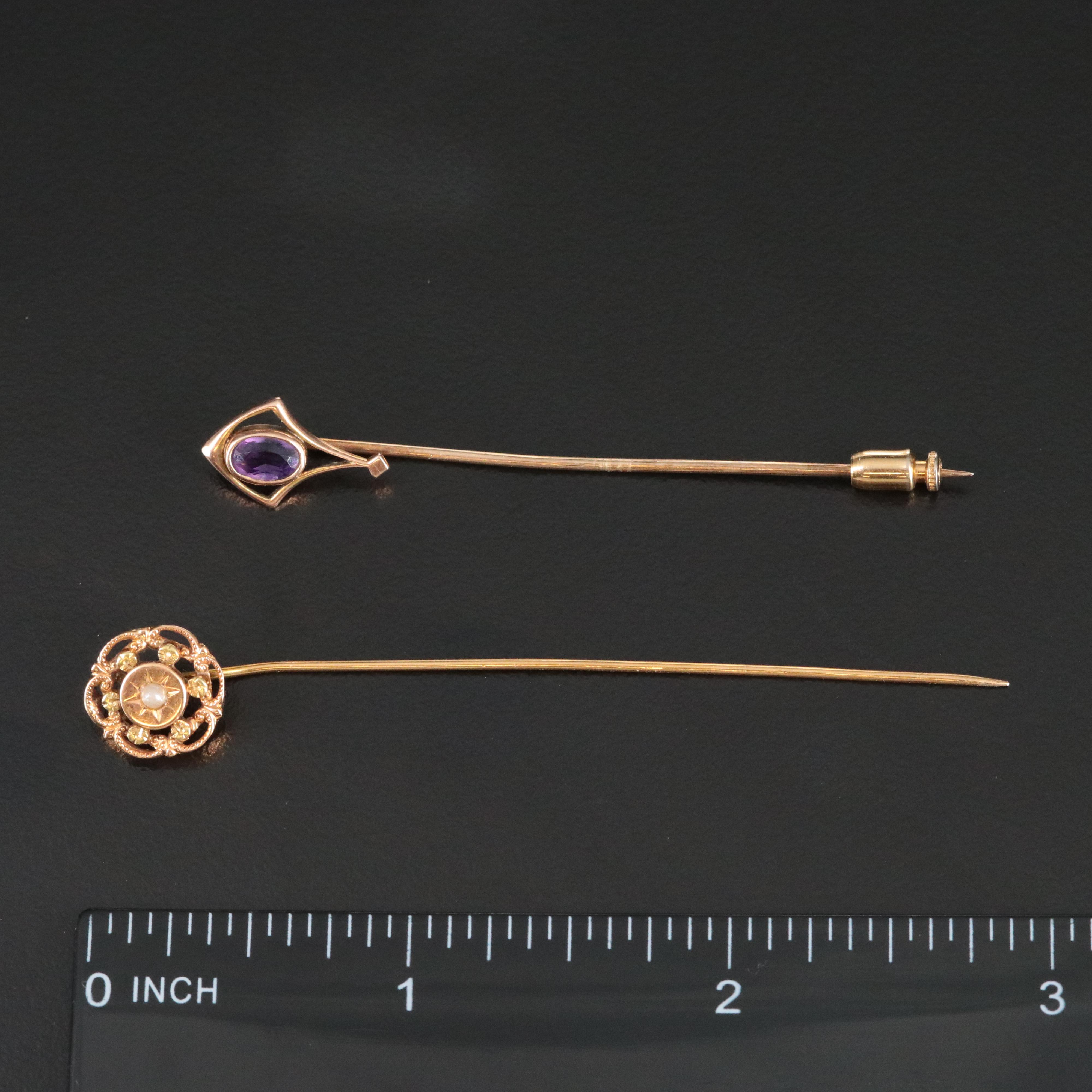 Antique 10K Amethyst and 14K Pearl Stickpins