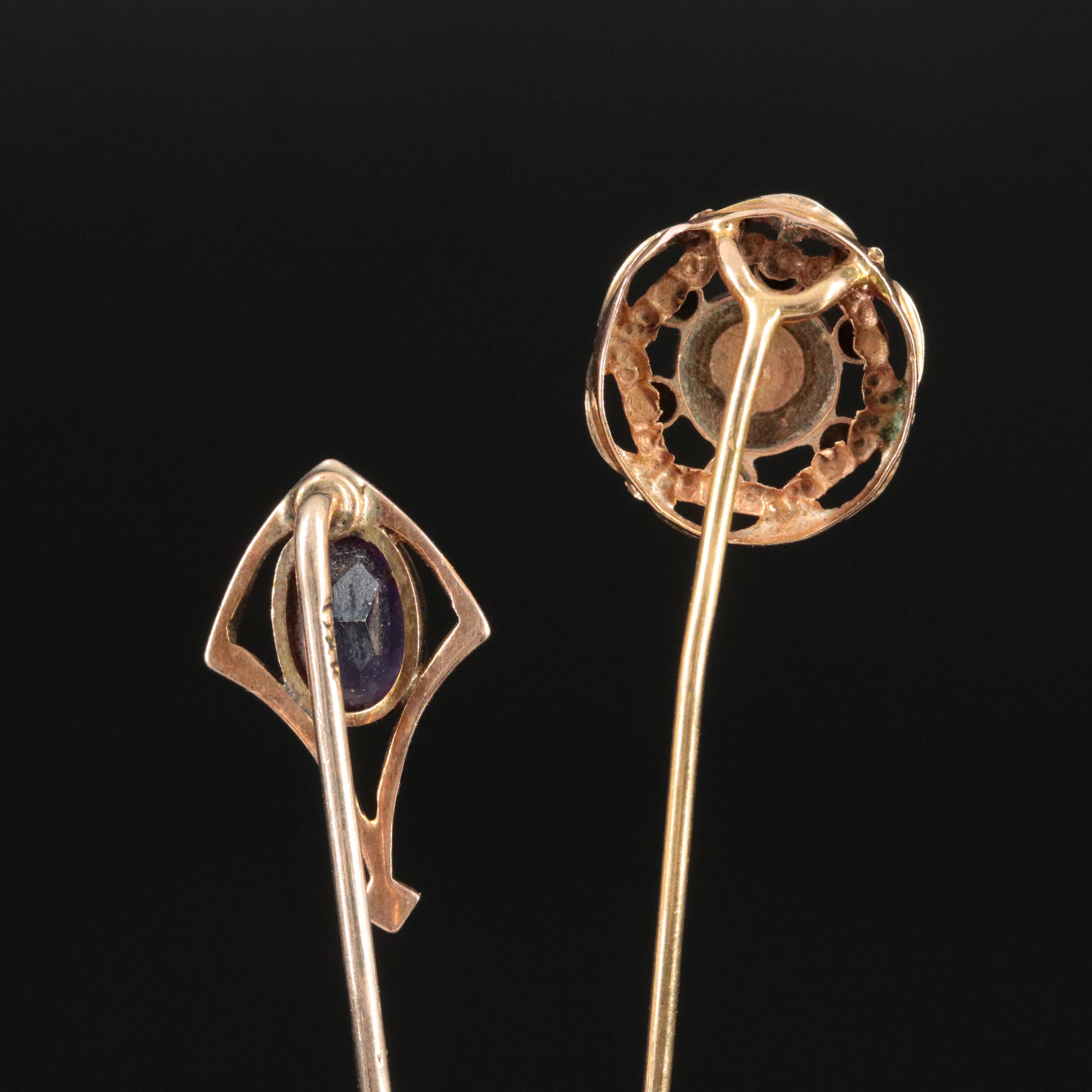 Antique 10K Amethyst and 14K Pearl Stickpins