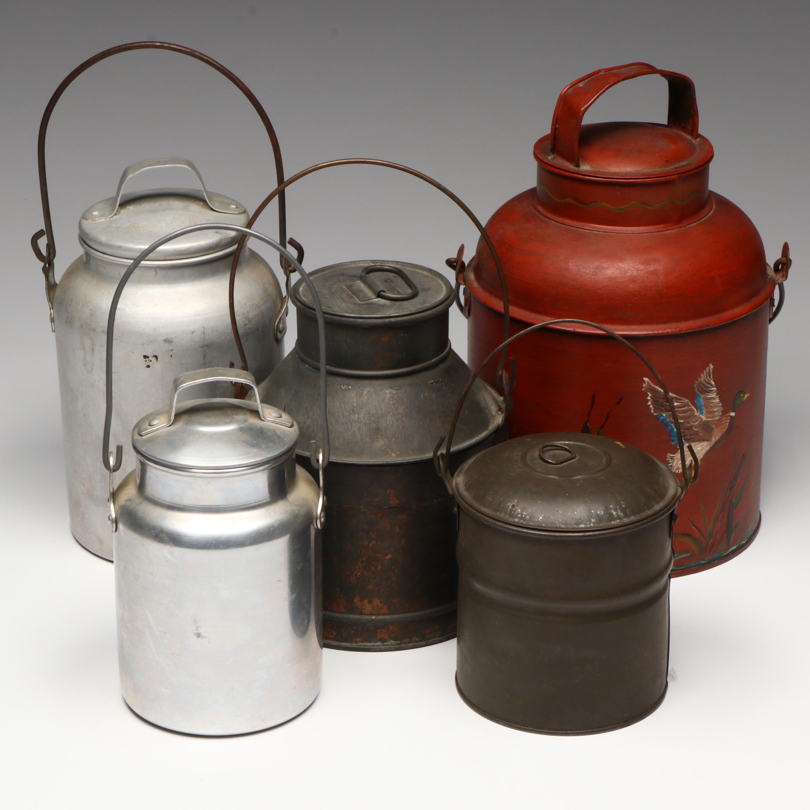 Vintage Hand-Painted and Other Metal Milk Pails, 20th Century