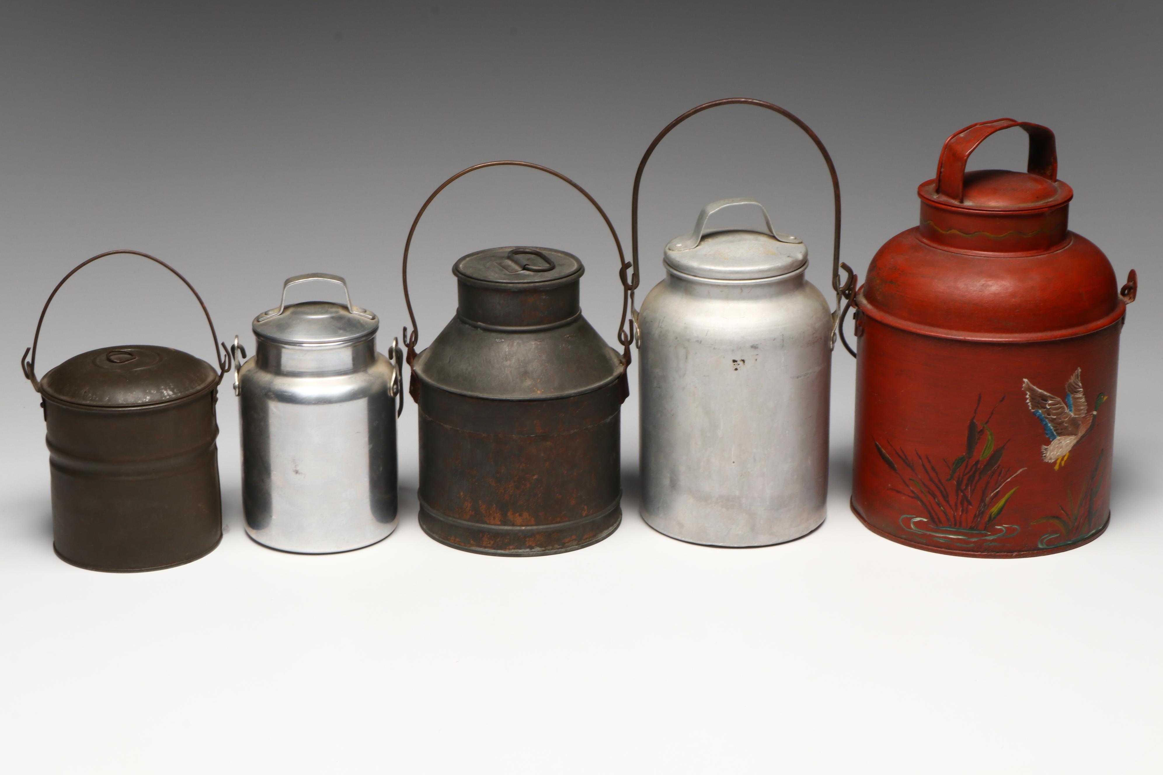 Vintage Hand-Painted and Other Metal Milk Pails, 20th Century