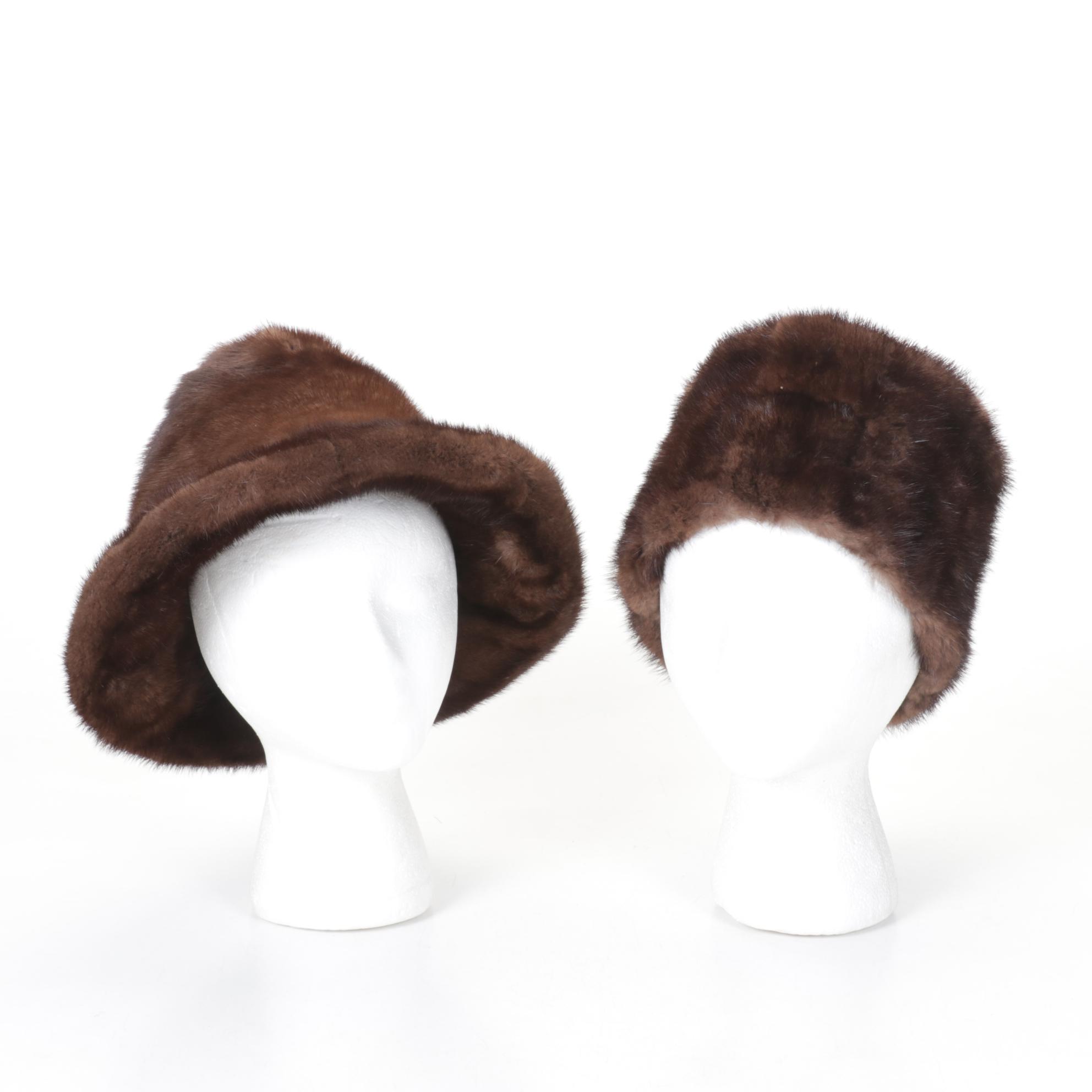 Mink Fur Bucket Hat and Russian Ushanka Style Hat, Mid-Late 20th C.