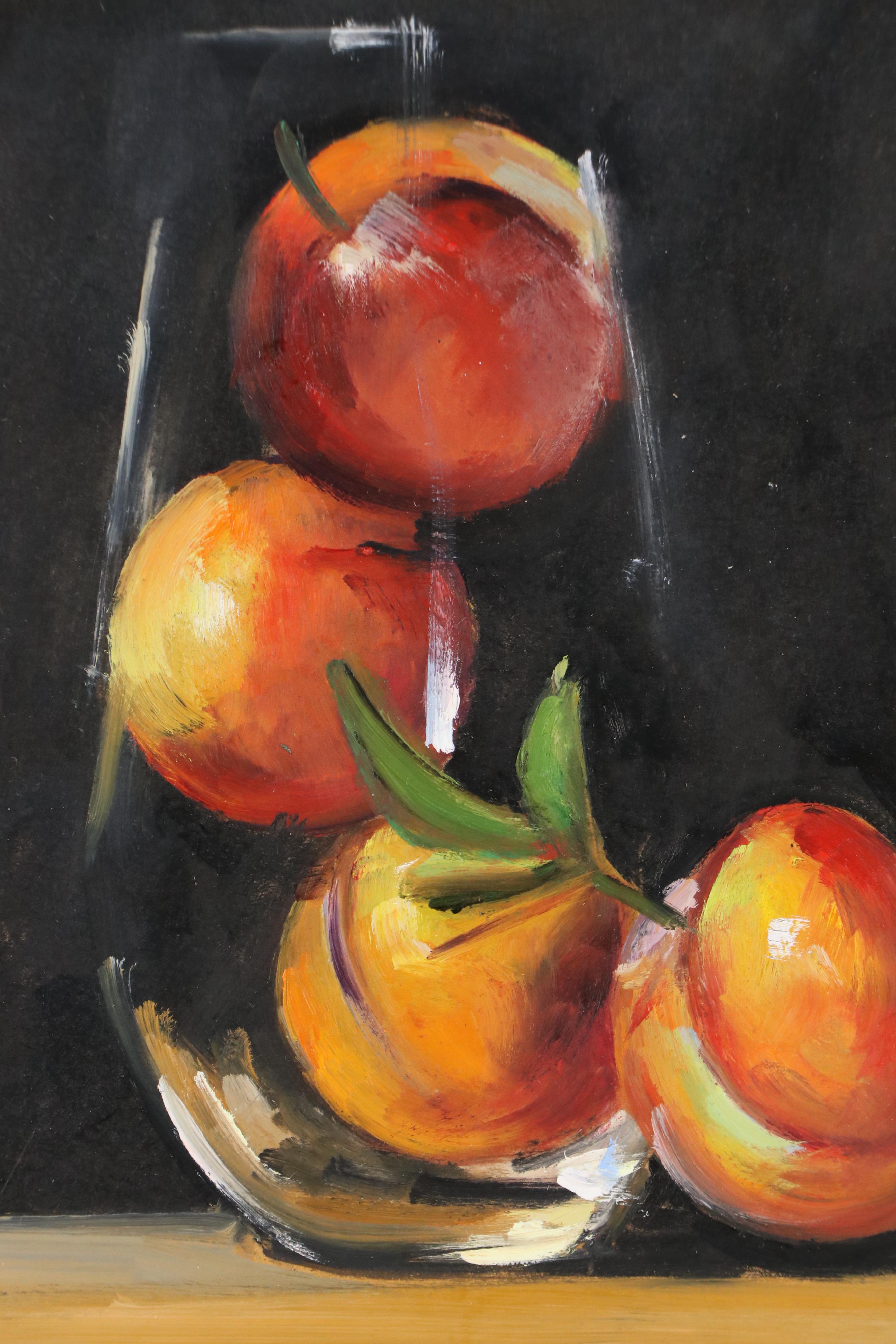Natalia Demenko Still Life Oil Painting of Peaches in Glass, 21st Century