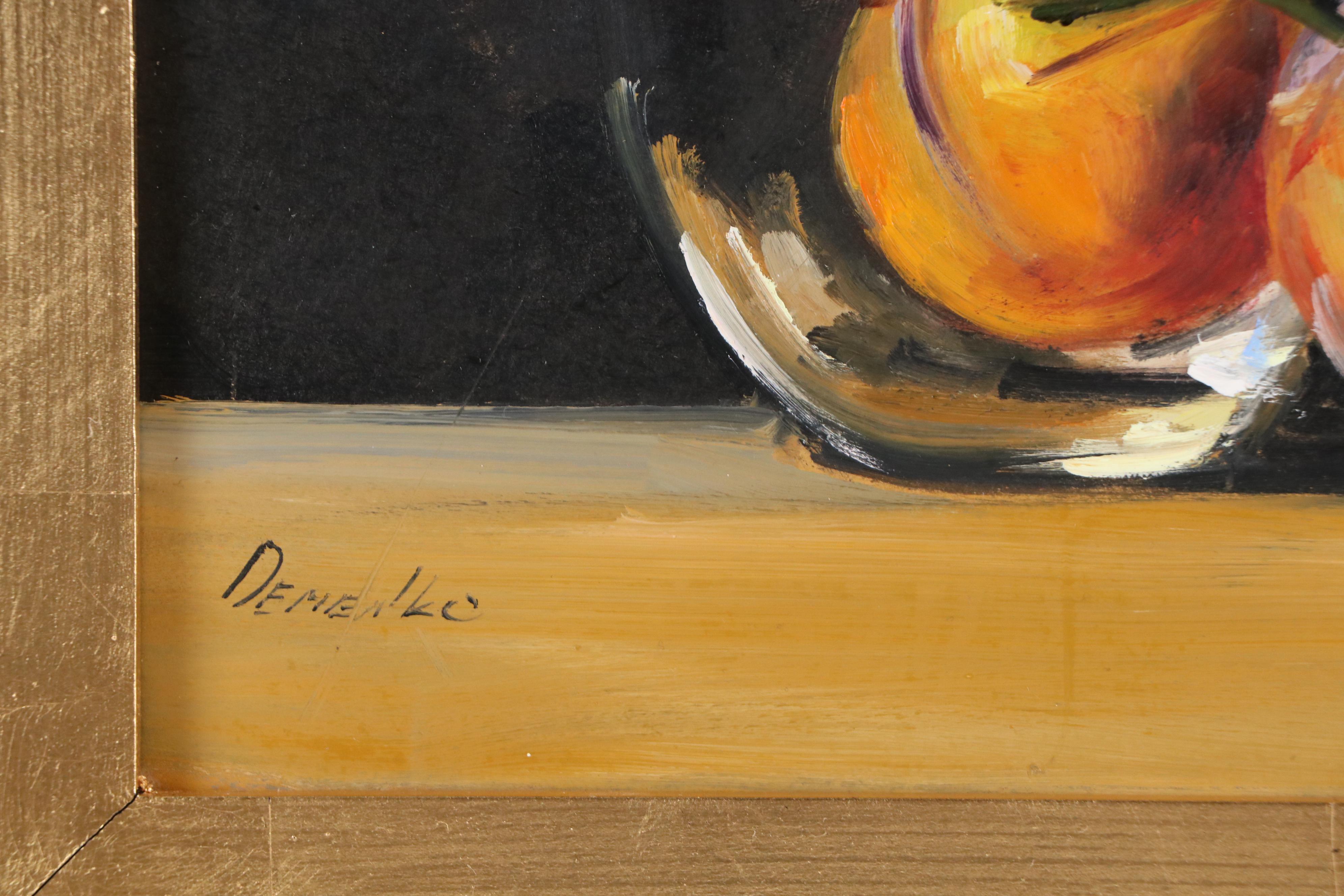 Natalia Demenko Still Life Oil Painting of Peaches in Glass, 21st Century