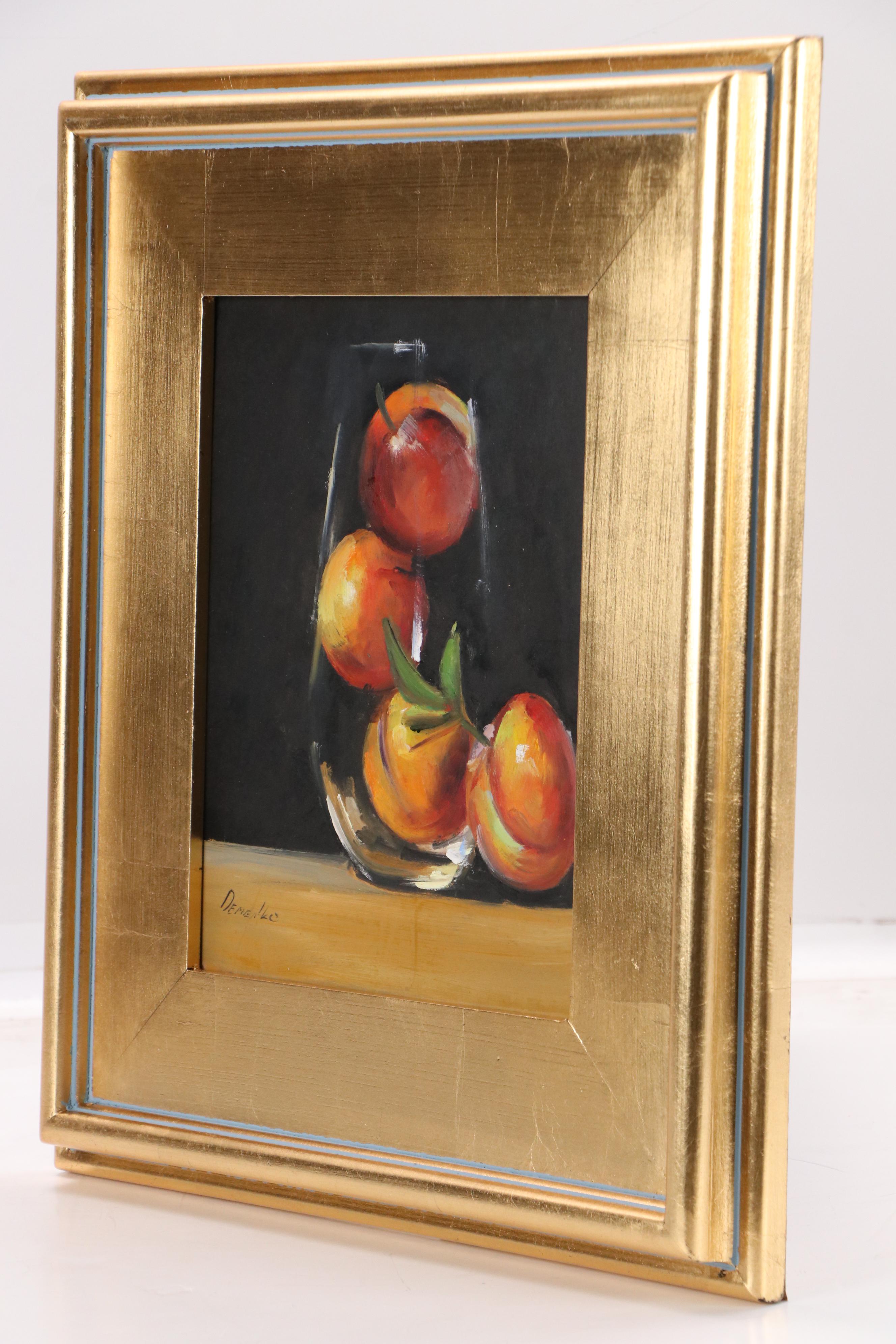 Natalia Demenko Still Life Oil Painting of Peaches in Glass, 21st Century