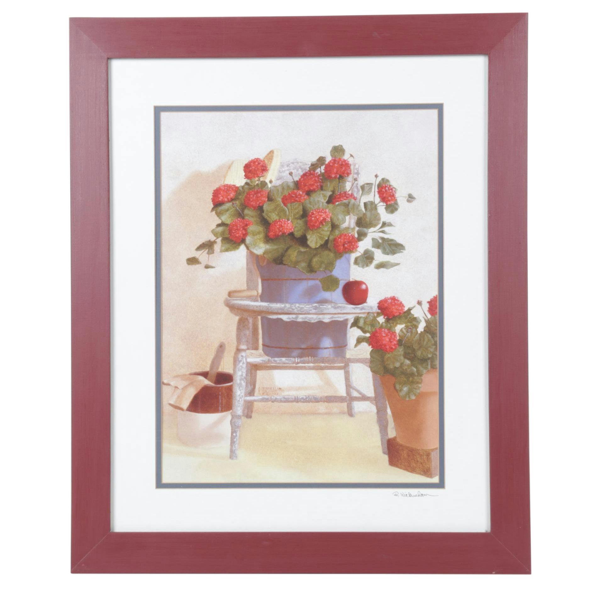 Ron Wickersham Offset Lithograph Still Life of Potted Geraniums in Chair