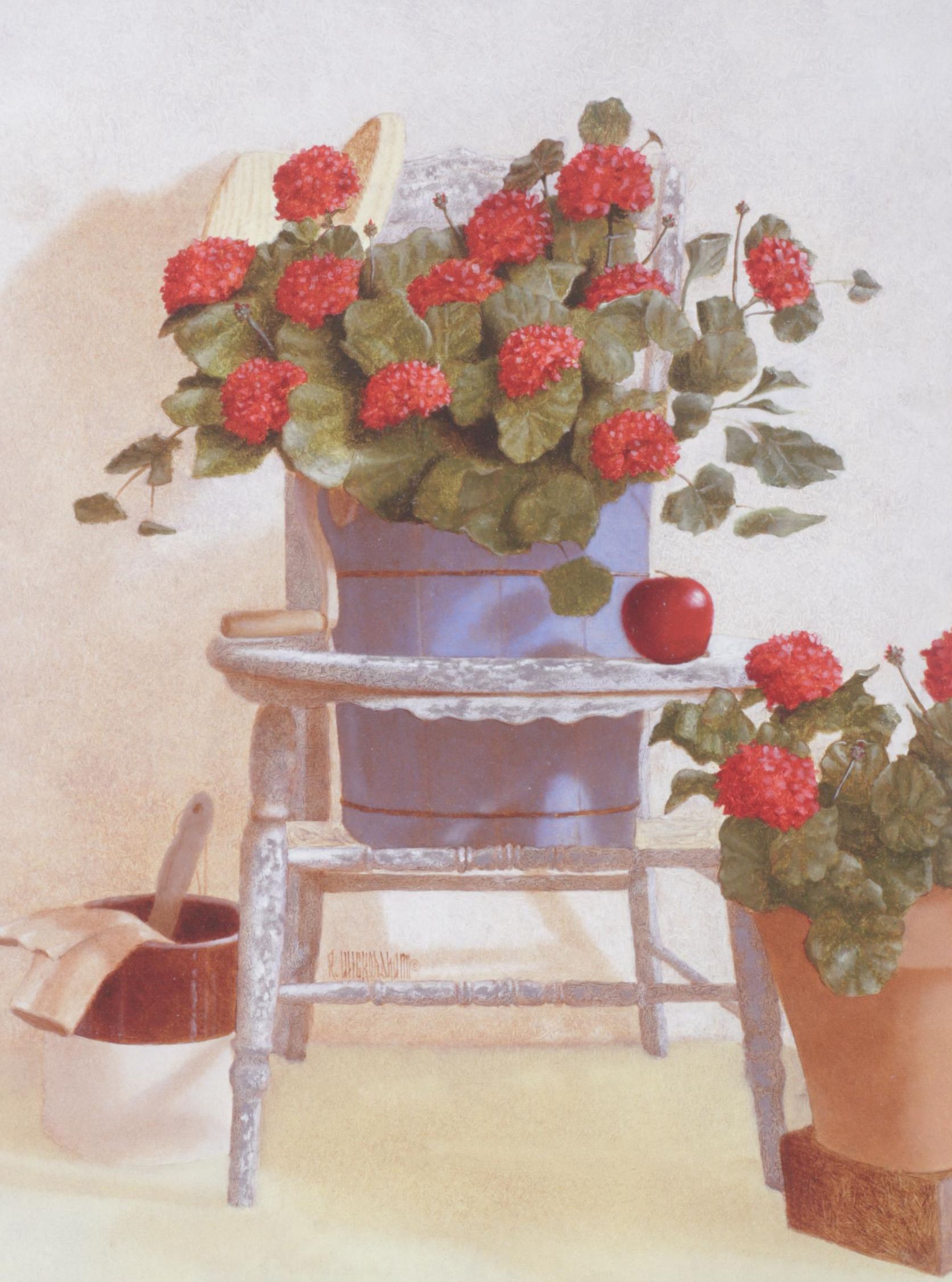 Ron Wickersham Offset Lithograph Still Life of Potted Geraniums in Chair