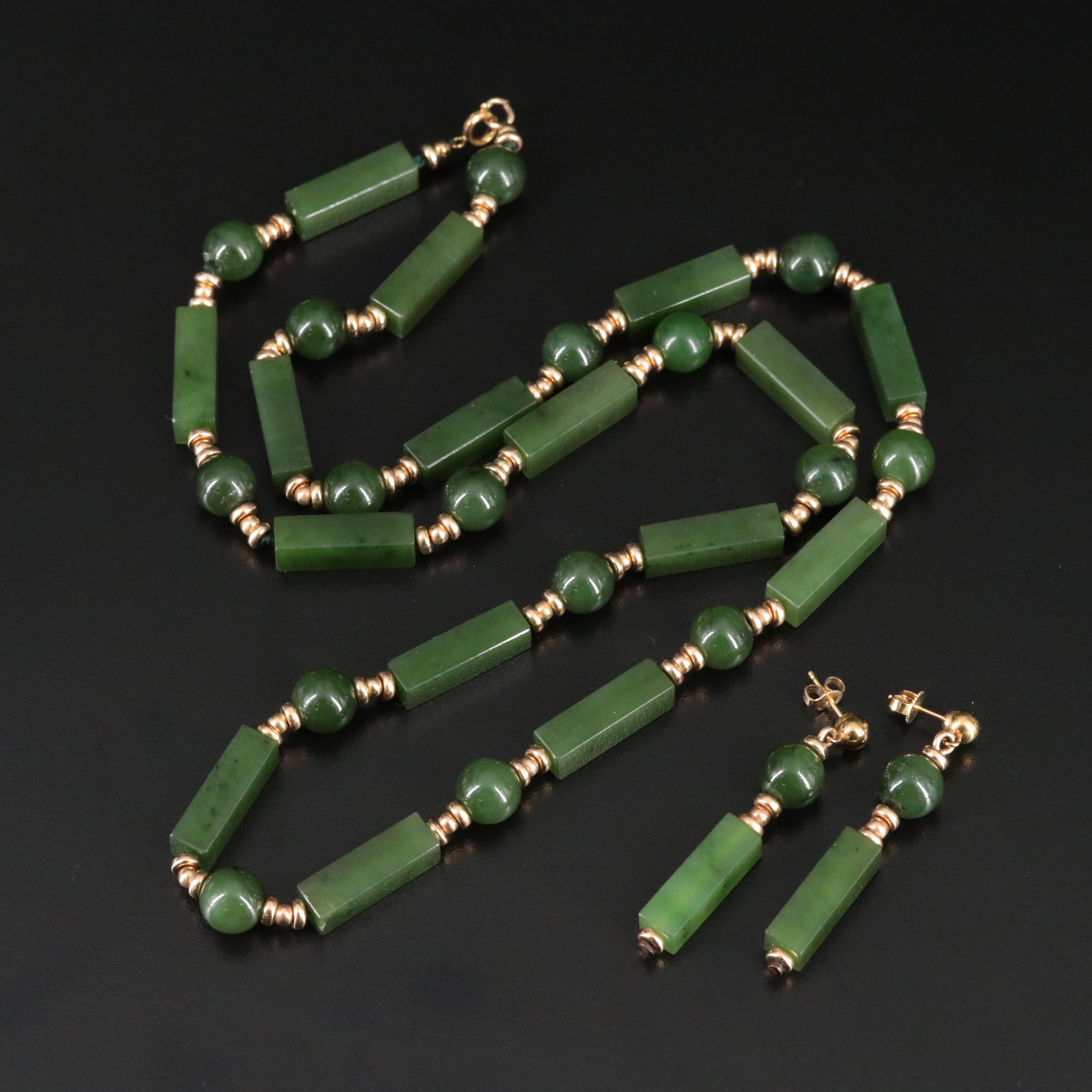 Nephrite Necklace and Earrings Set Including 10K Accent Beads