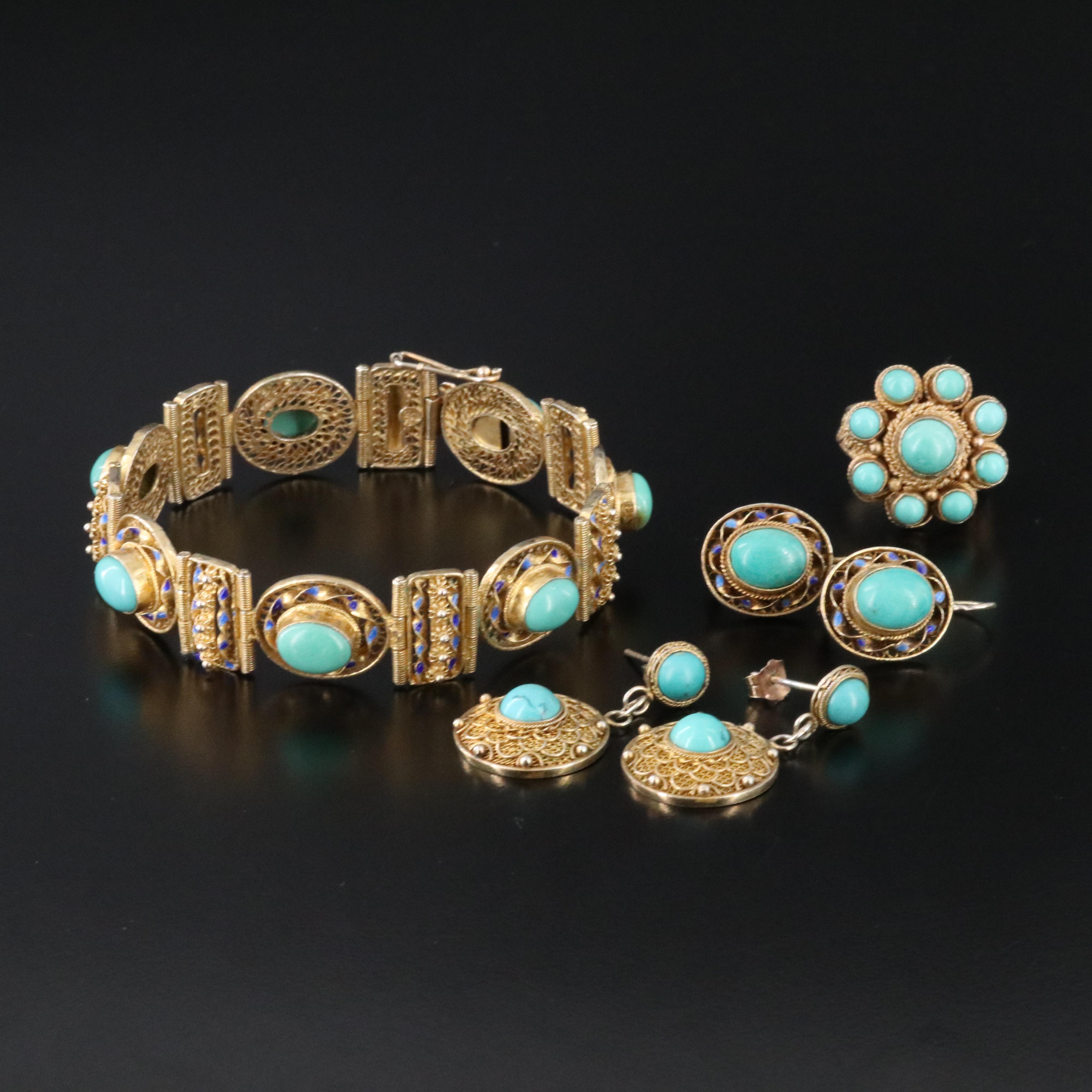 Chinese Export Sterling Turquoise and Enamel Jewelry Collection