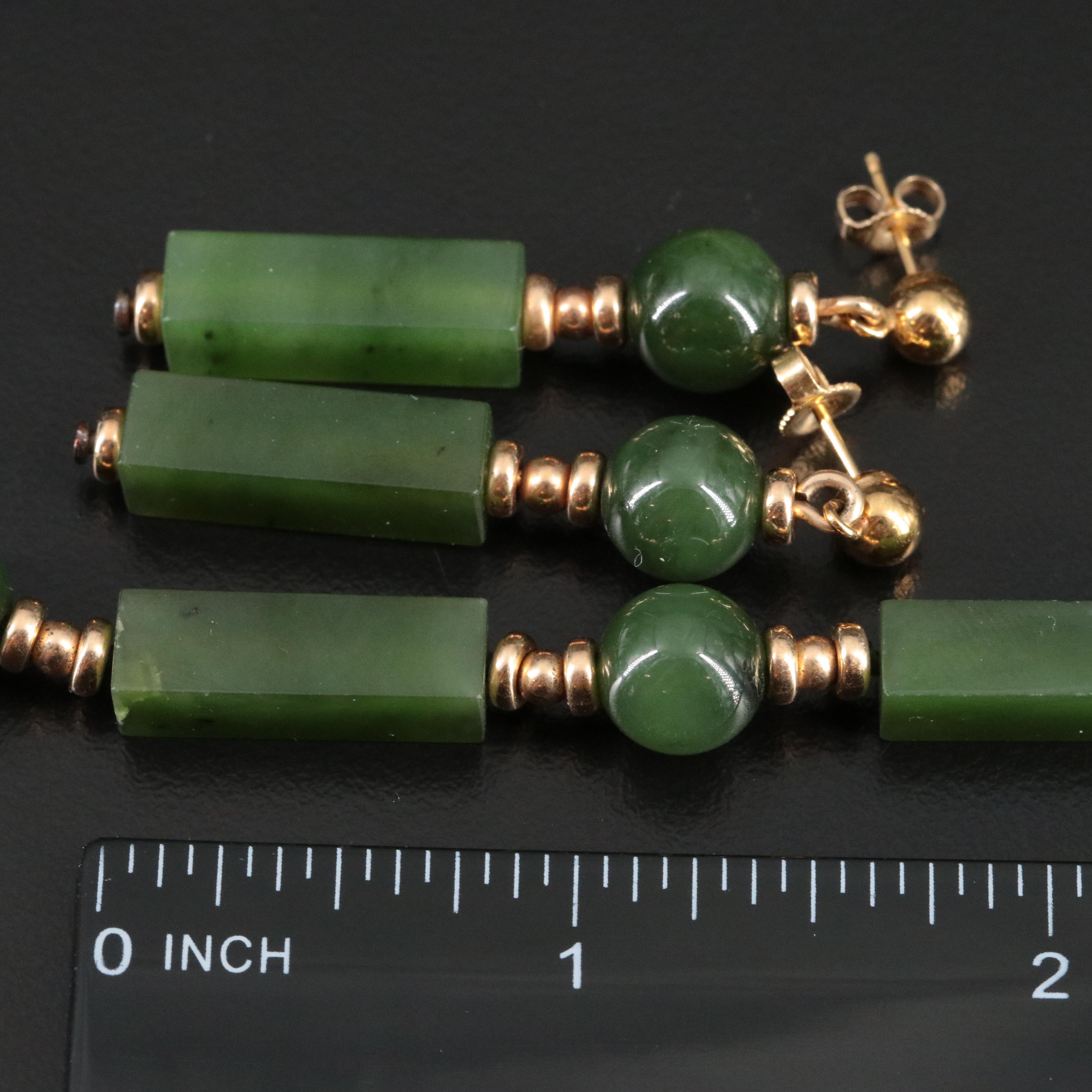 Nephrite Necklace and Earrings Set Including 10K Accent Beads