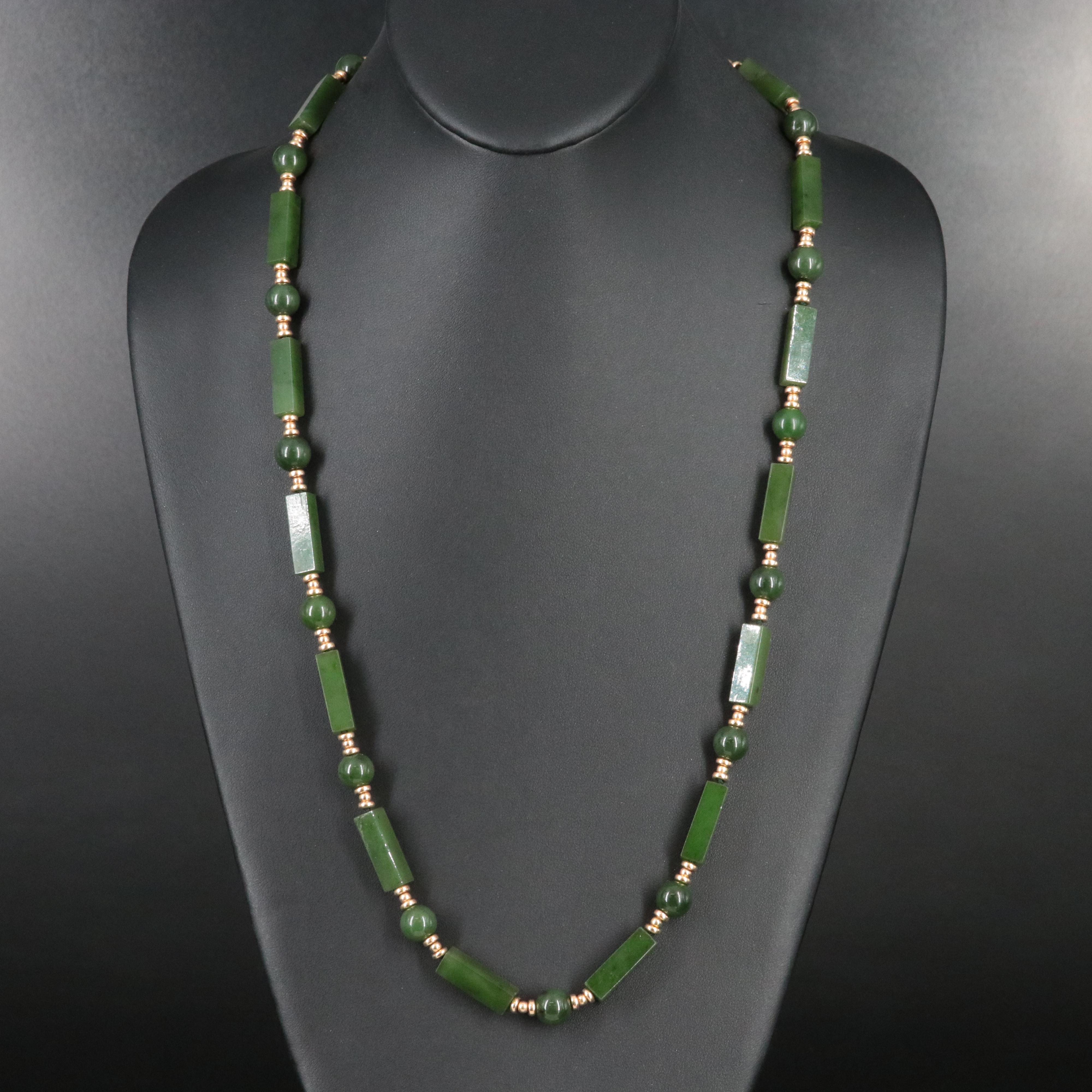 Nephrite Necklace and Earrings Set Including 10K Accent Beads