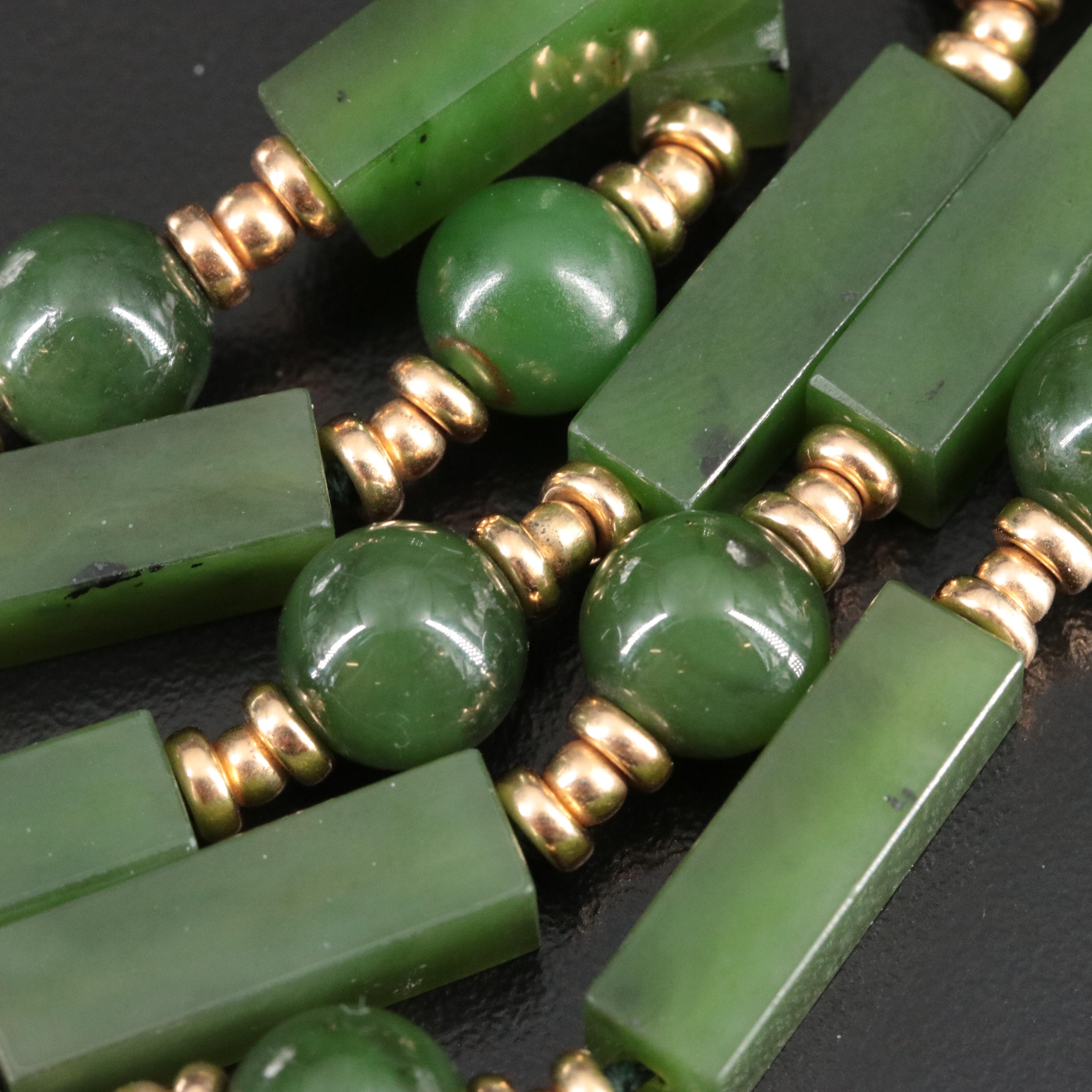 Nephrite Necklace and Earrings Set Including 10K Accent Beads