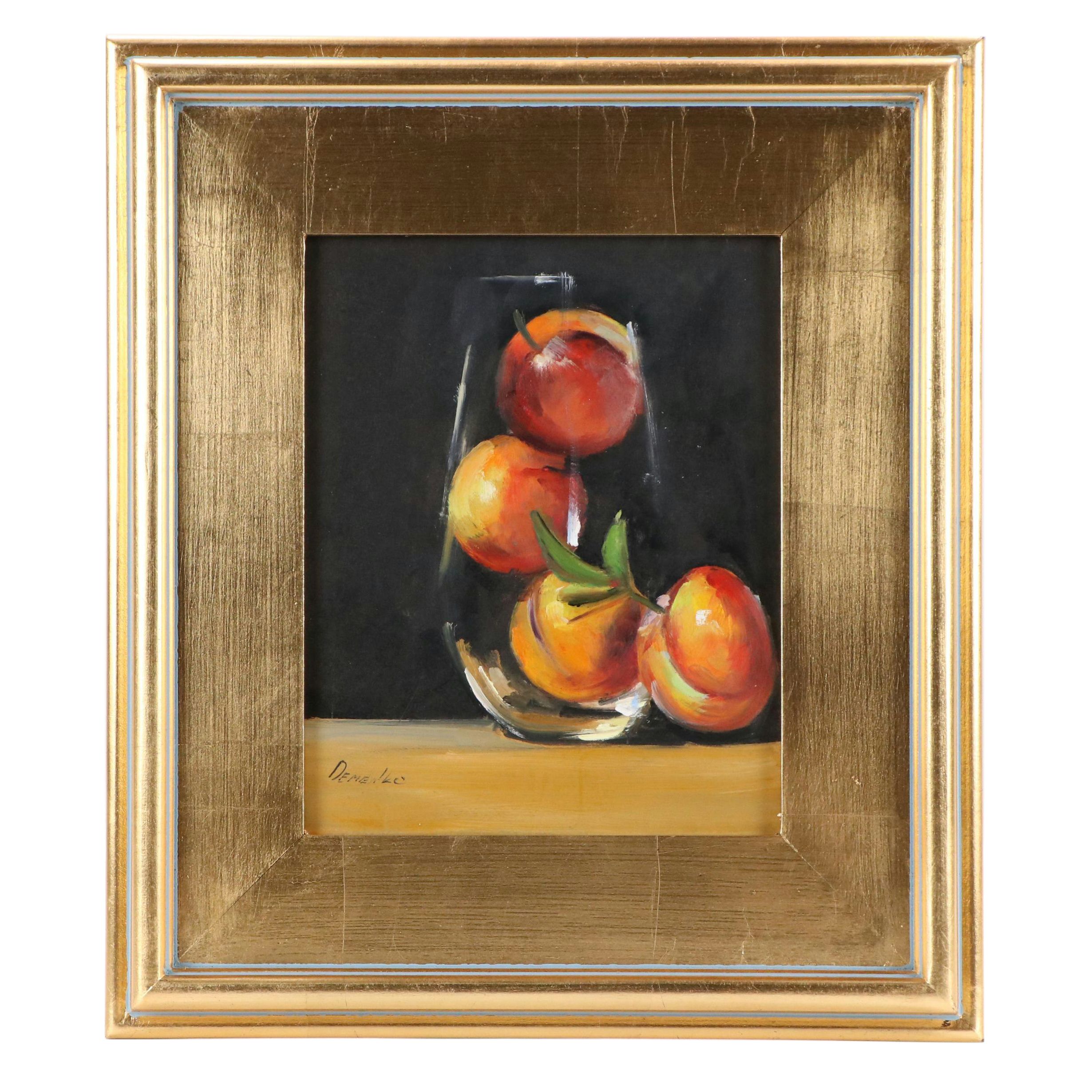 Natalia Demenko Still Life Oil Painting of Peaches in Glass, 21st Century