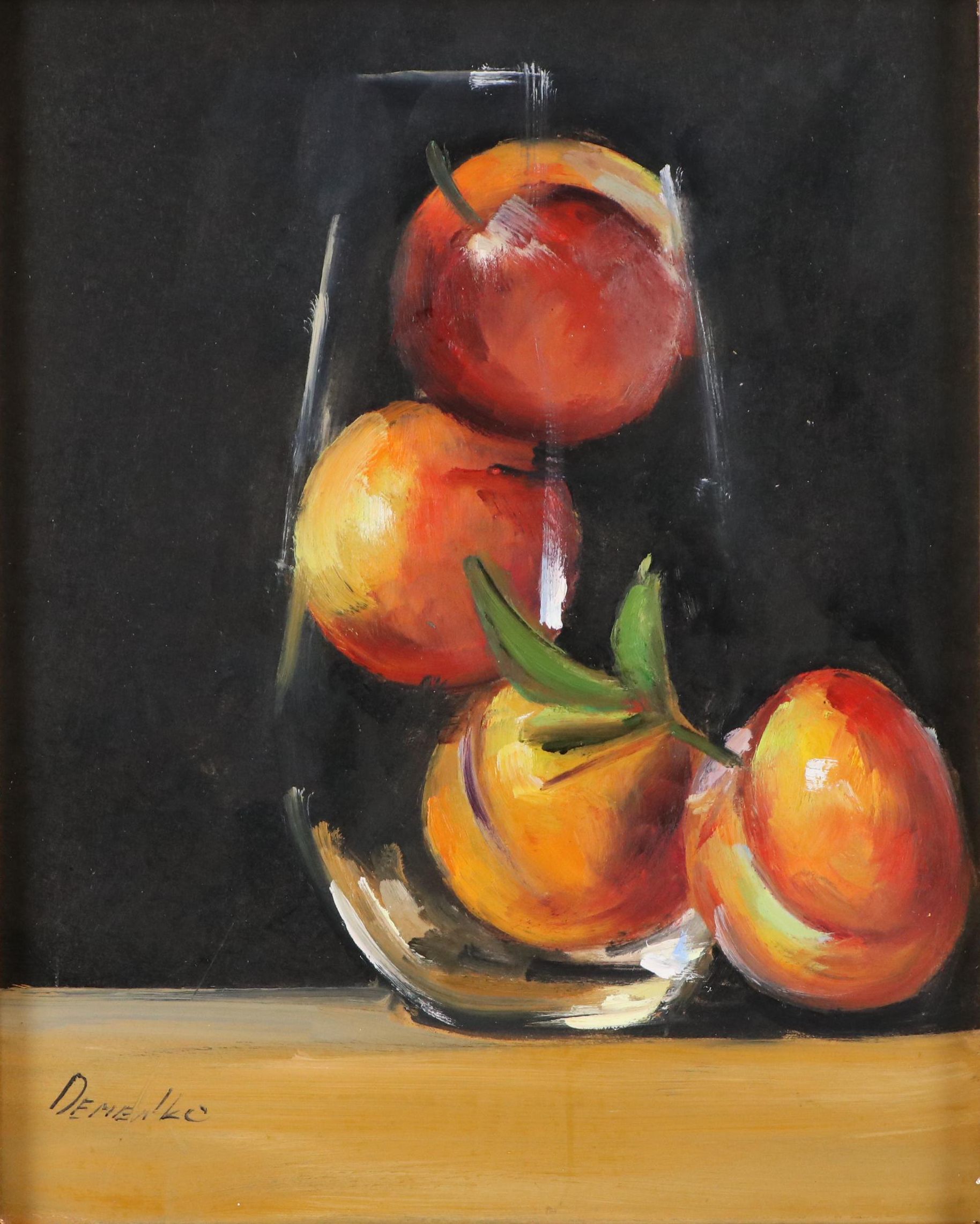 Natalia Demenko Still Life Oil Painting of Peaches in Glass, 21st Century