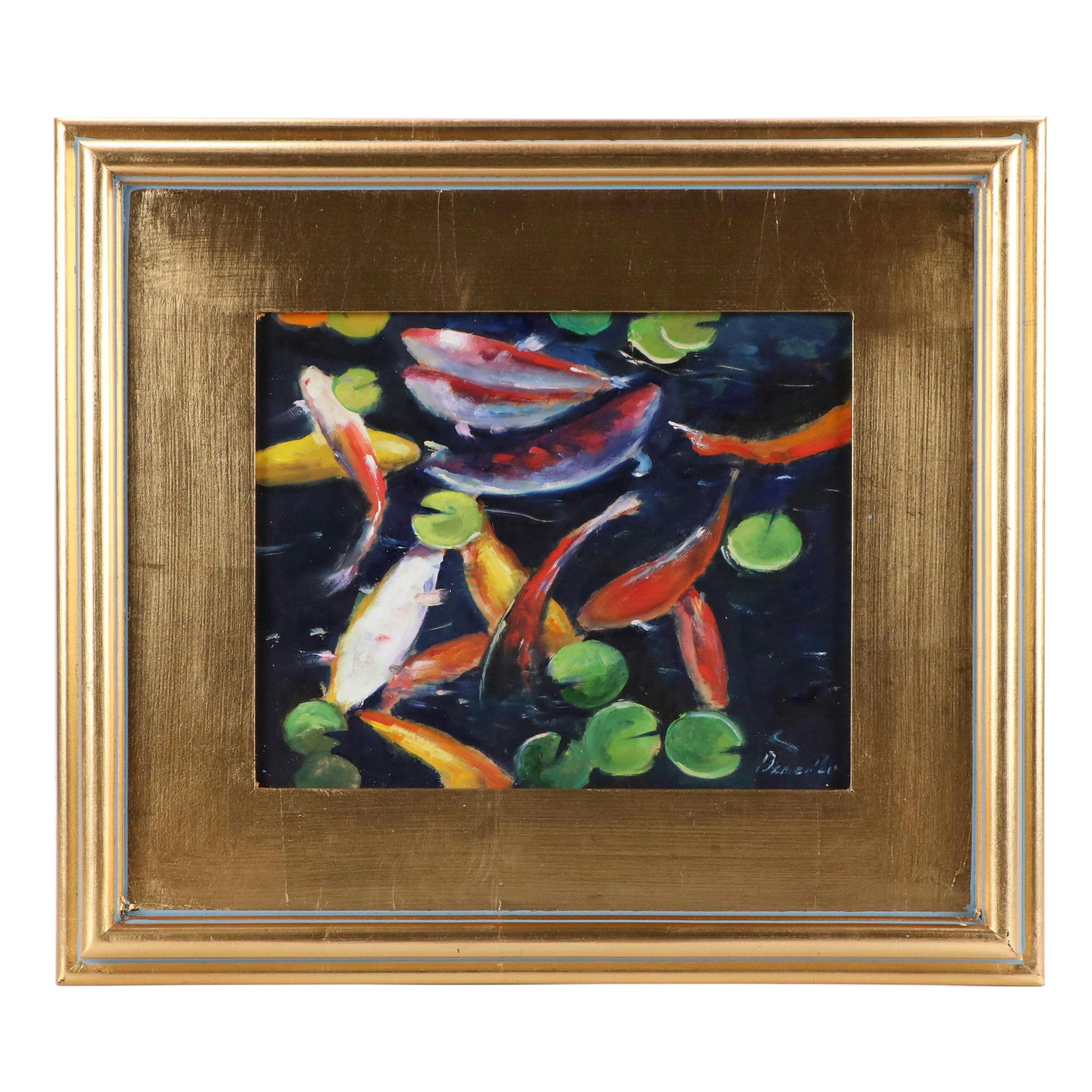 Natalia Demenko Oil Painting of Koi Fish in Pond, 21st Century