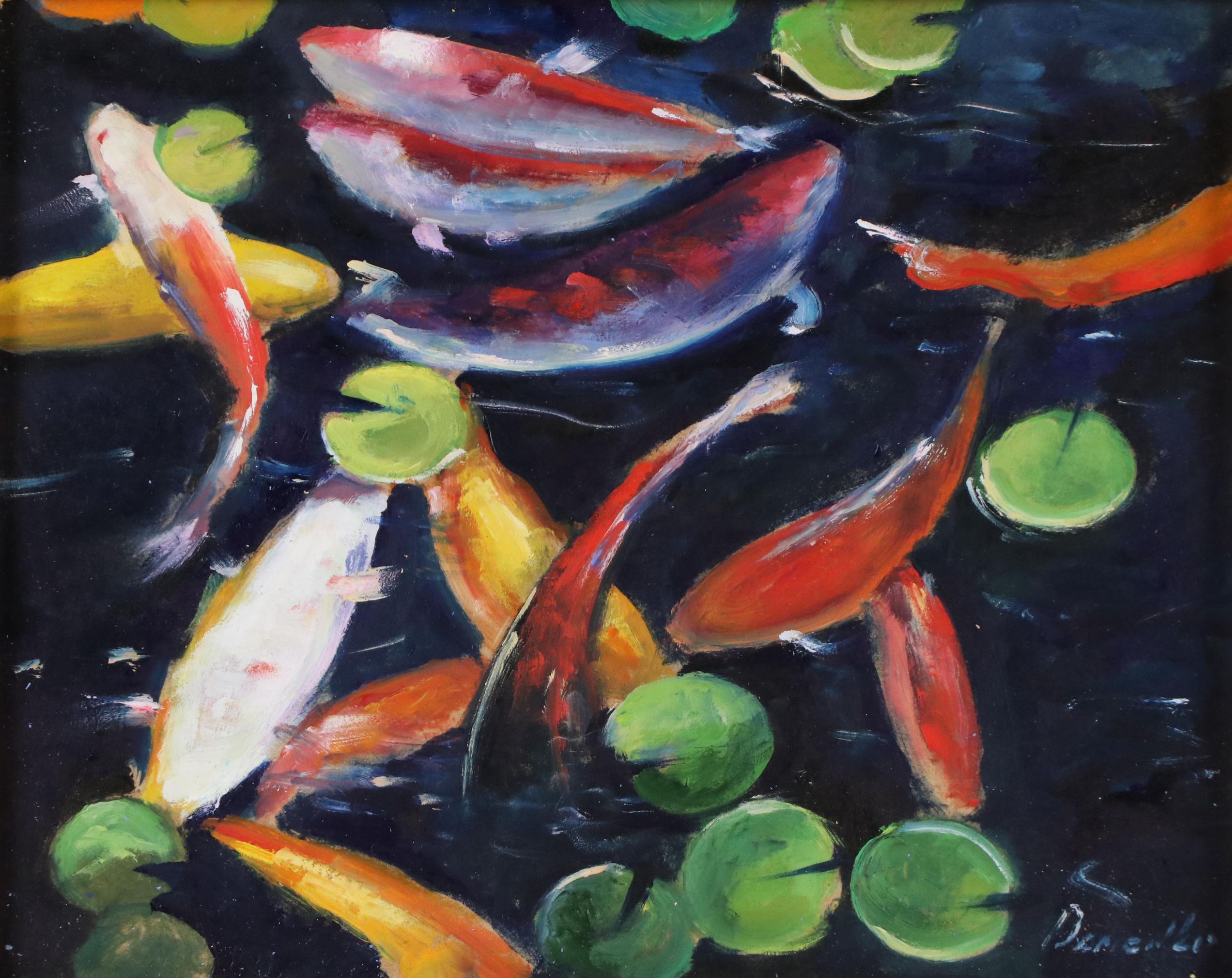 Natalia Demenko Oil Painting of Koi Fish in Pond, 21st Century