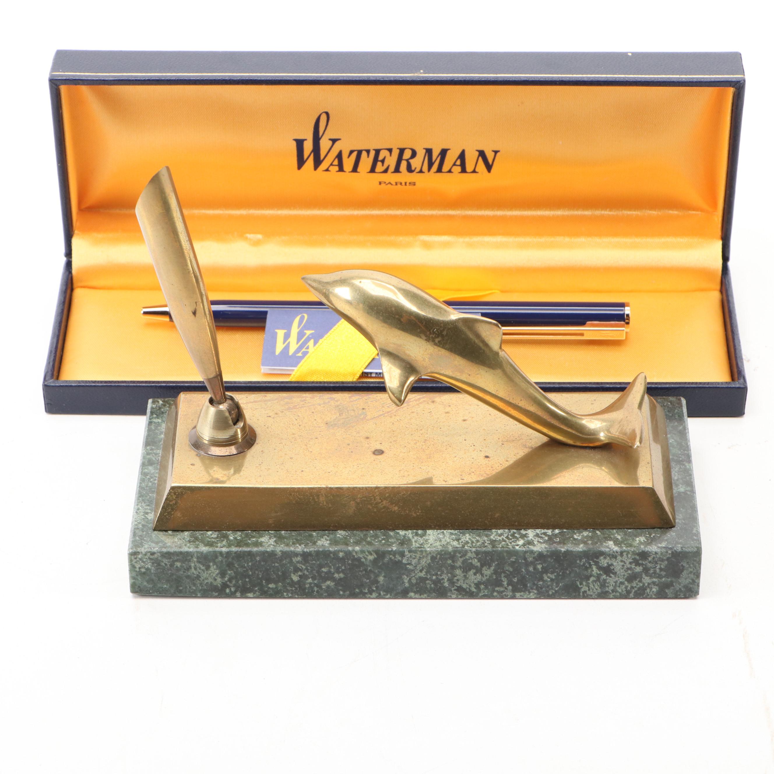 Waterman Paris Ballpoint Pen with Brass on Marble Dolphin Pen Holder