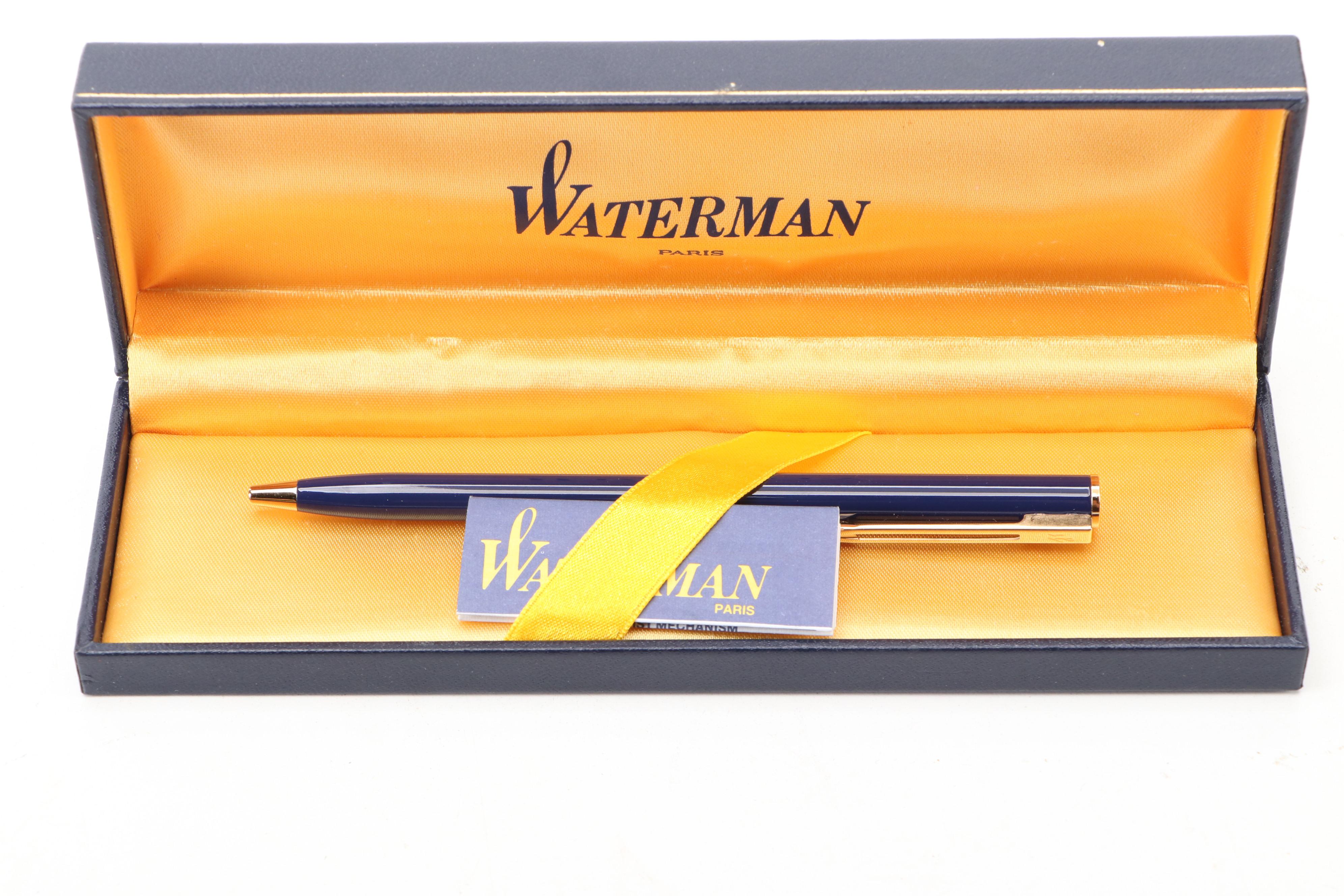 Waterman Paris Ballpoint Pen with Brass on Marble Dolphin Pen Holder