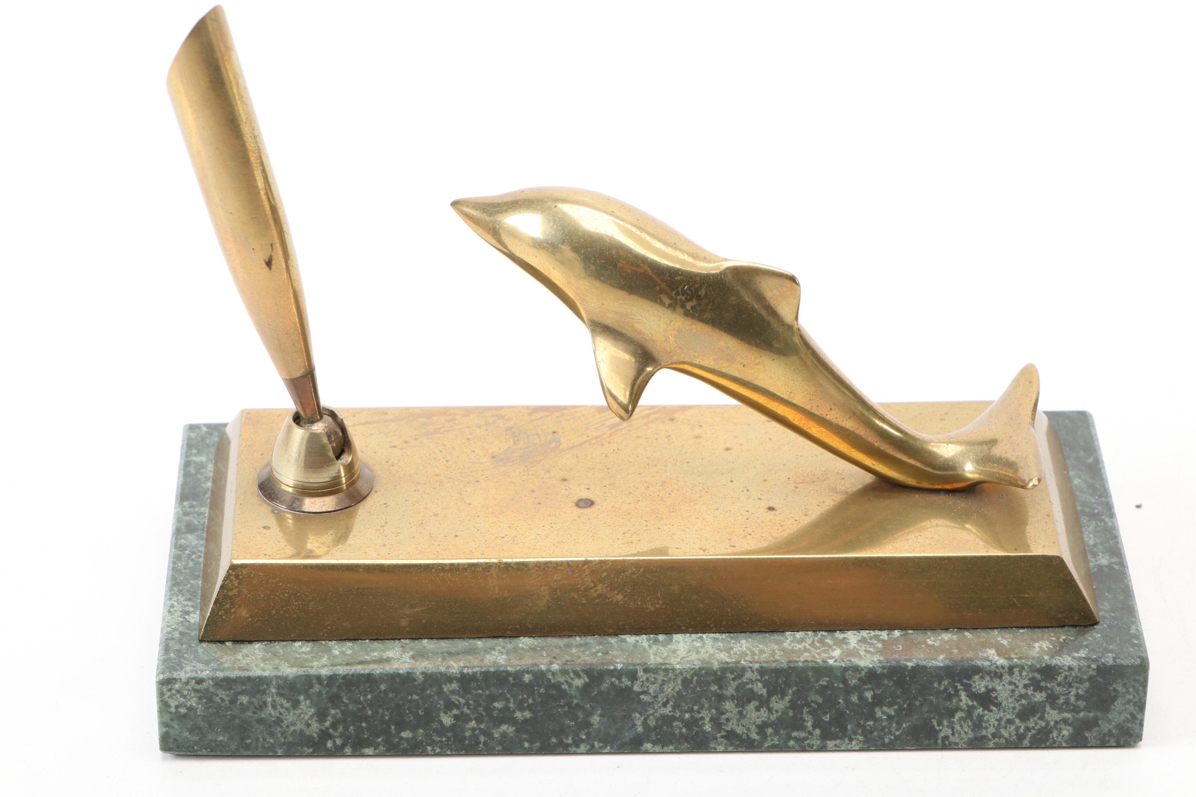 Waterman Paris Ballpoint Pen with Brass on Marble Dolphin Pen Holder