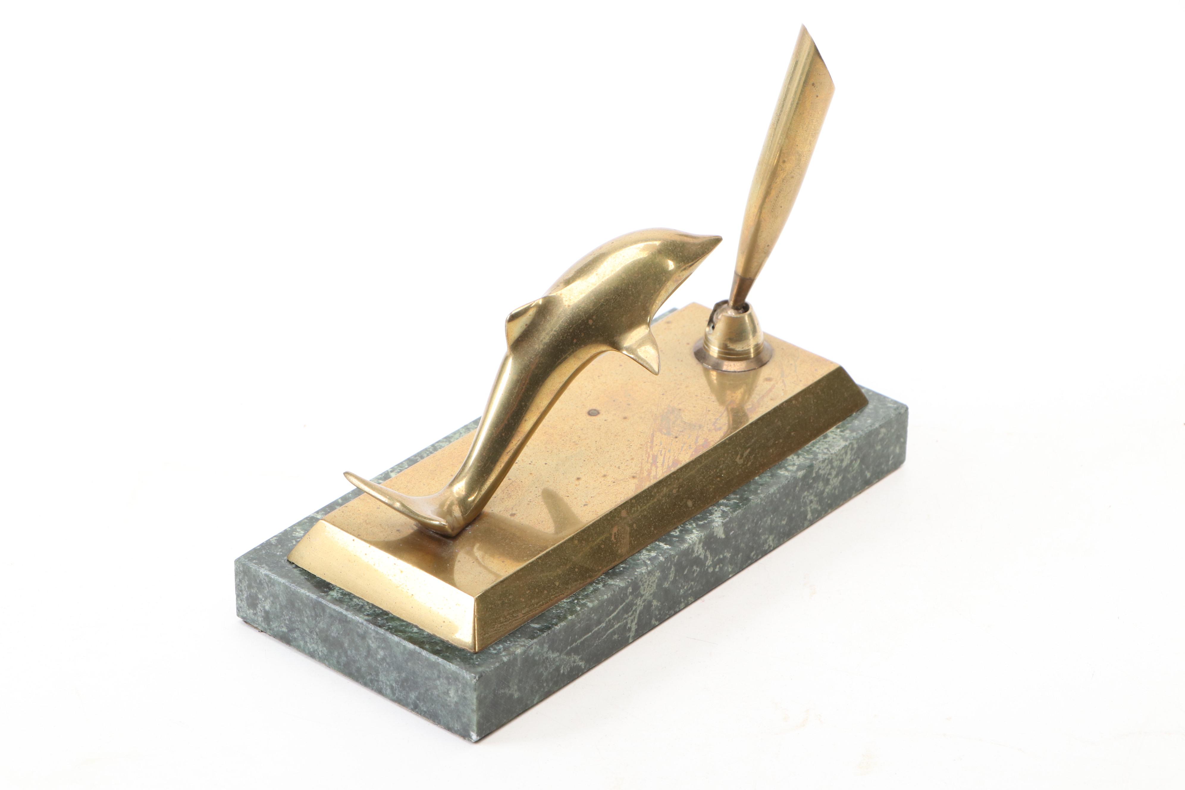 Waterman Paris Ballpoint Pen with Brass on Marble Dolphin Pen Holder