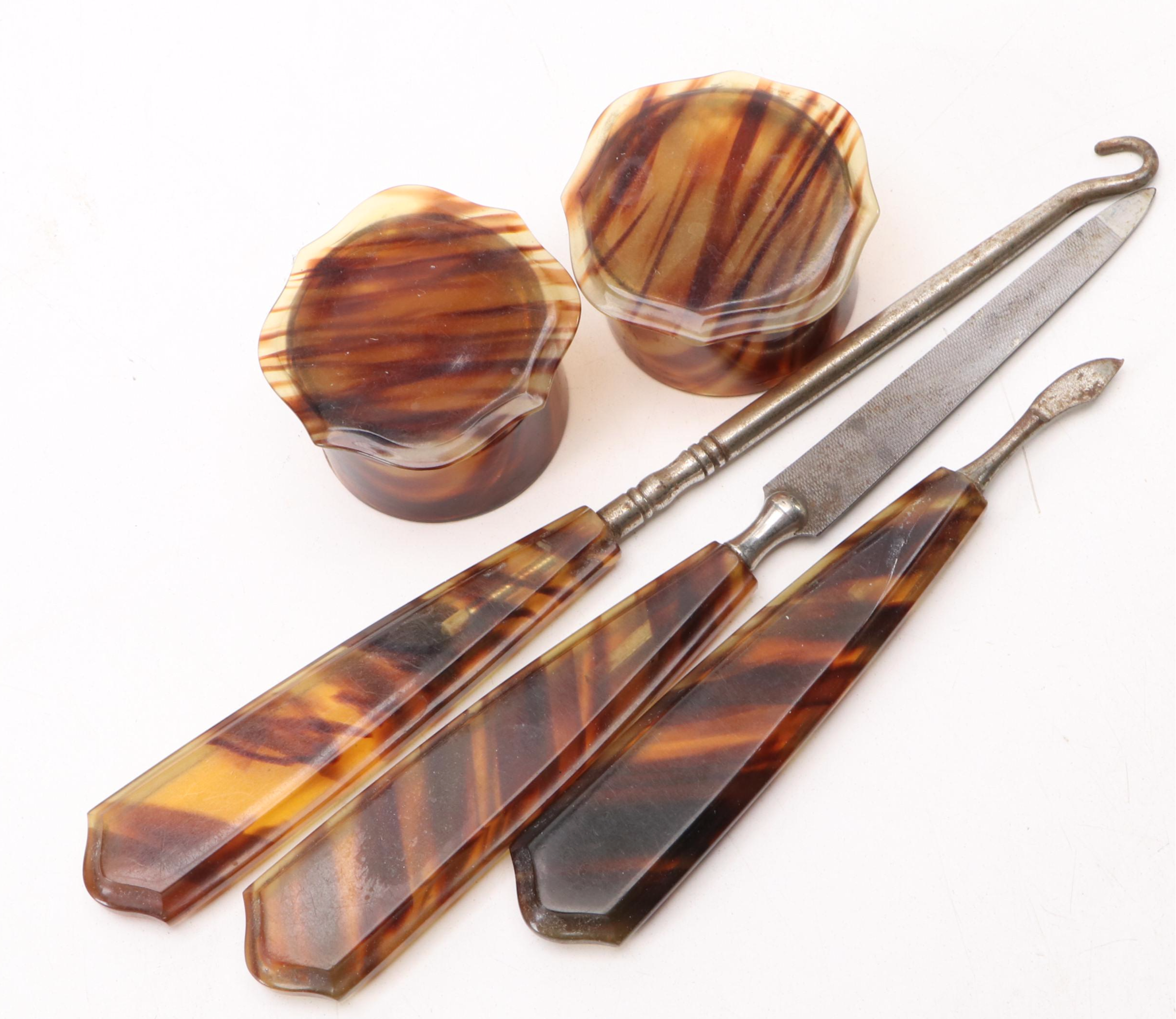Tortoise Shell Celluloid Vanity Set with Manicure Tools, Early/Mid 20th C.