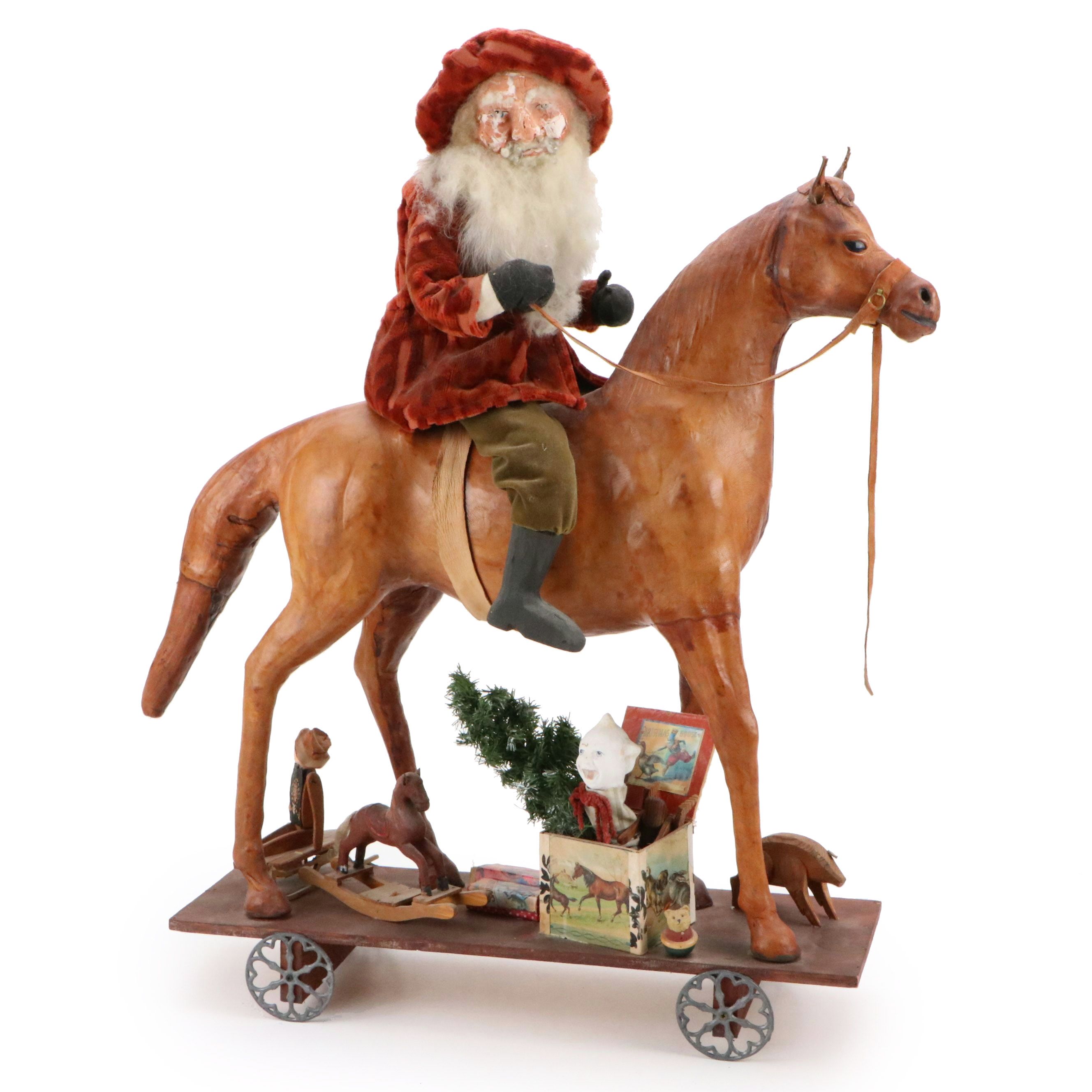Artisan Victorian Style Santa Claus Riding Leather Wrapped Horse Pull Toy