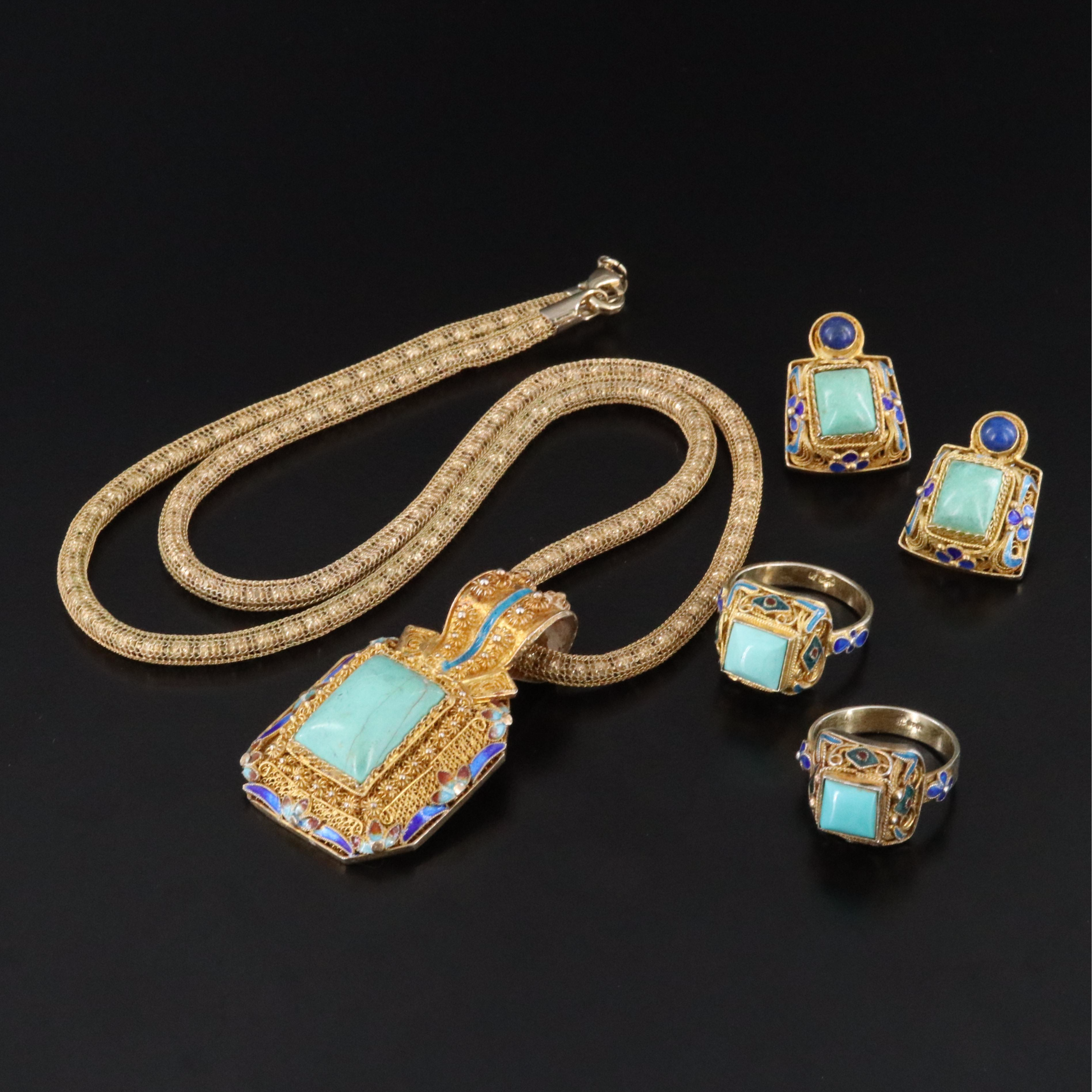 Chinese Export Turquoise, Enamel and Lapis Lazuli Jewelry Featuring Sterling