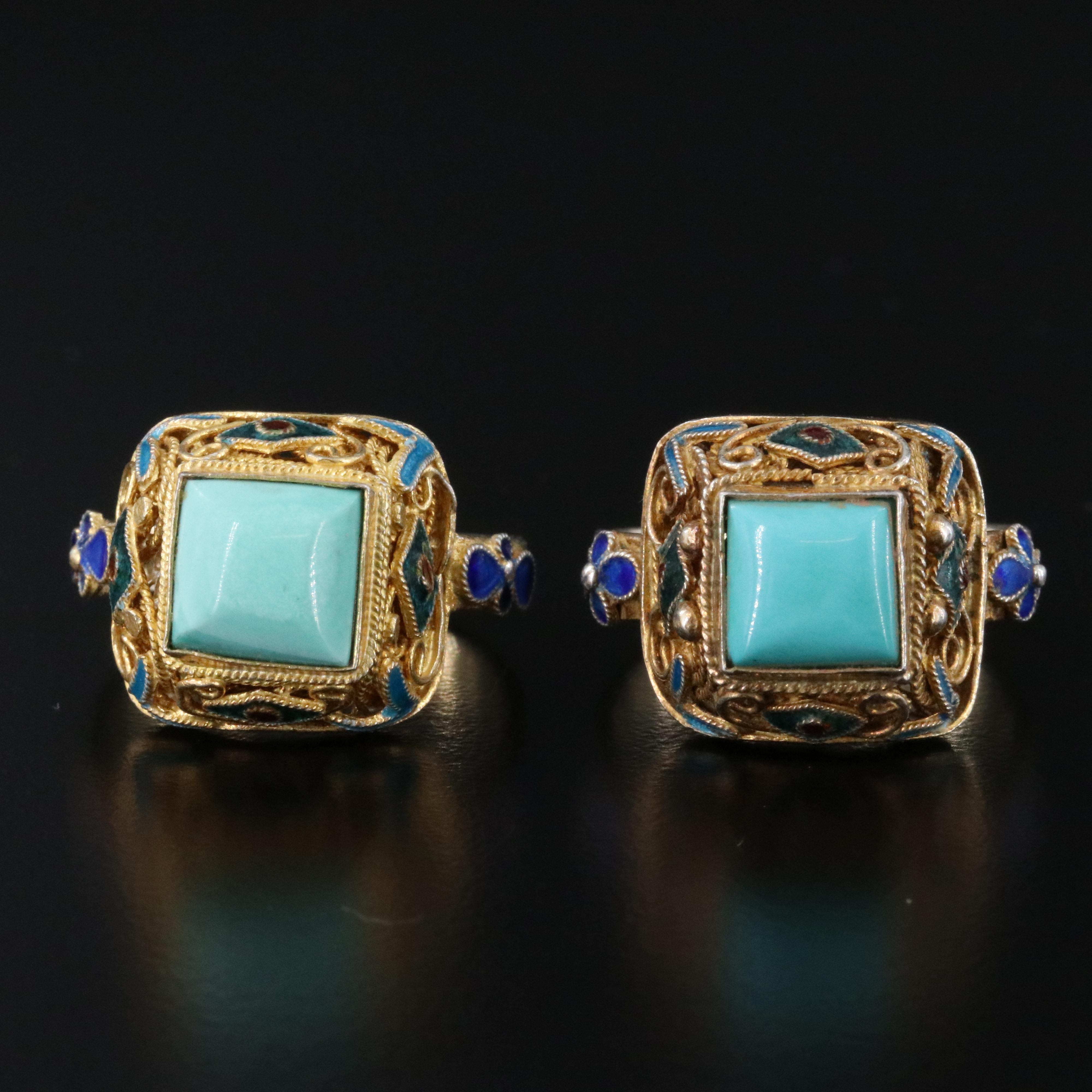 Chinese Export Turquoise, Enamel and Lapis Lazuli Jewelry Featuring Sterling