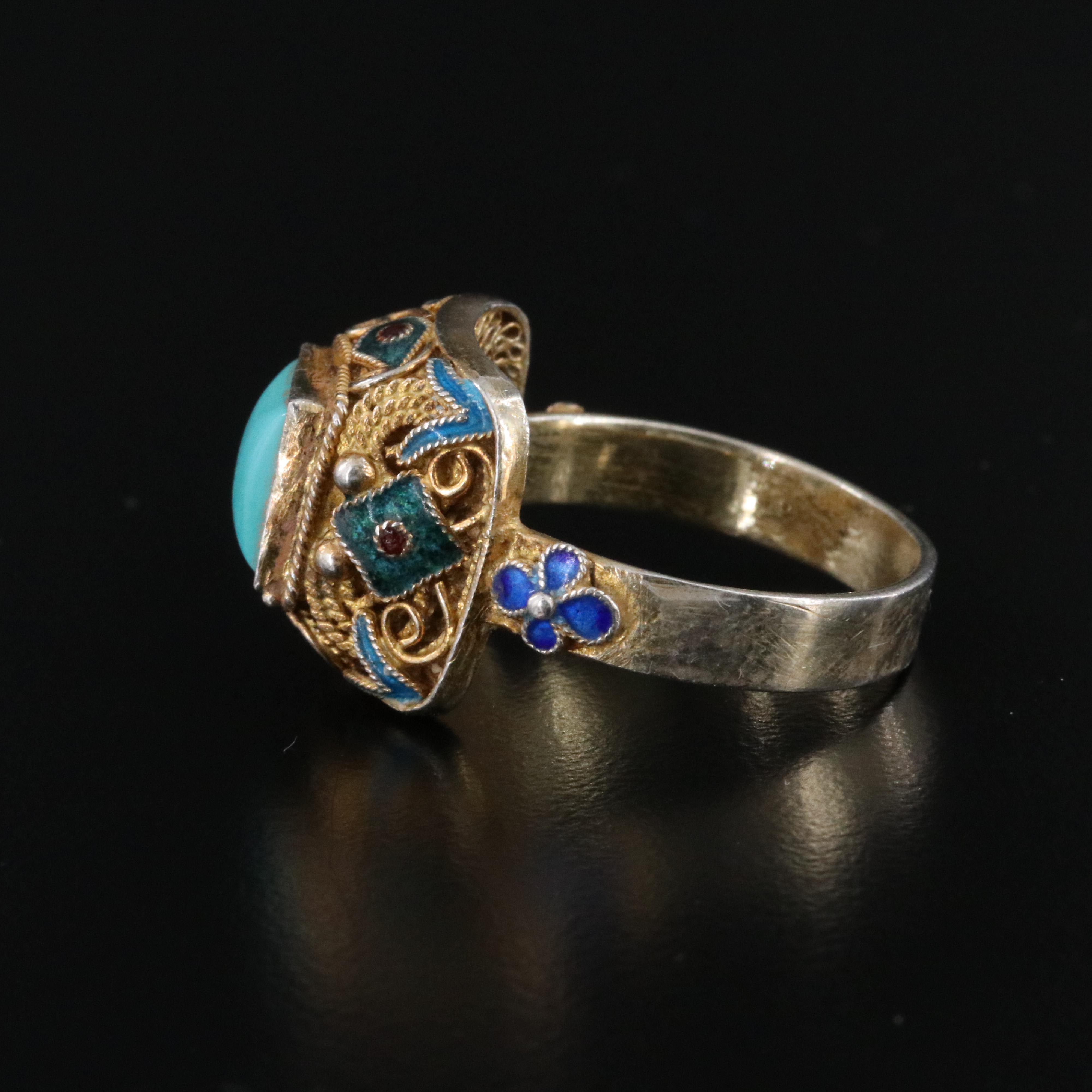 Chinese Export Turquoise, Enamel and Lapis Lazuli Jewelry Featuring Sterling