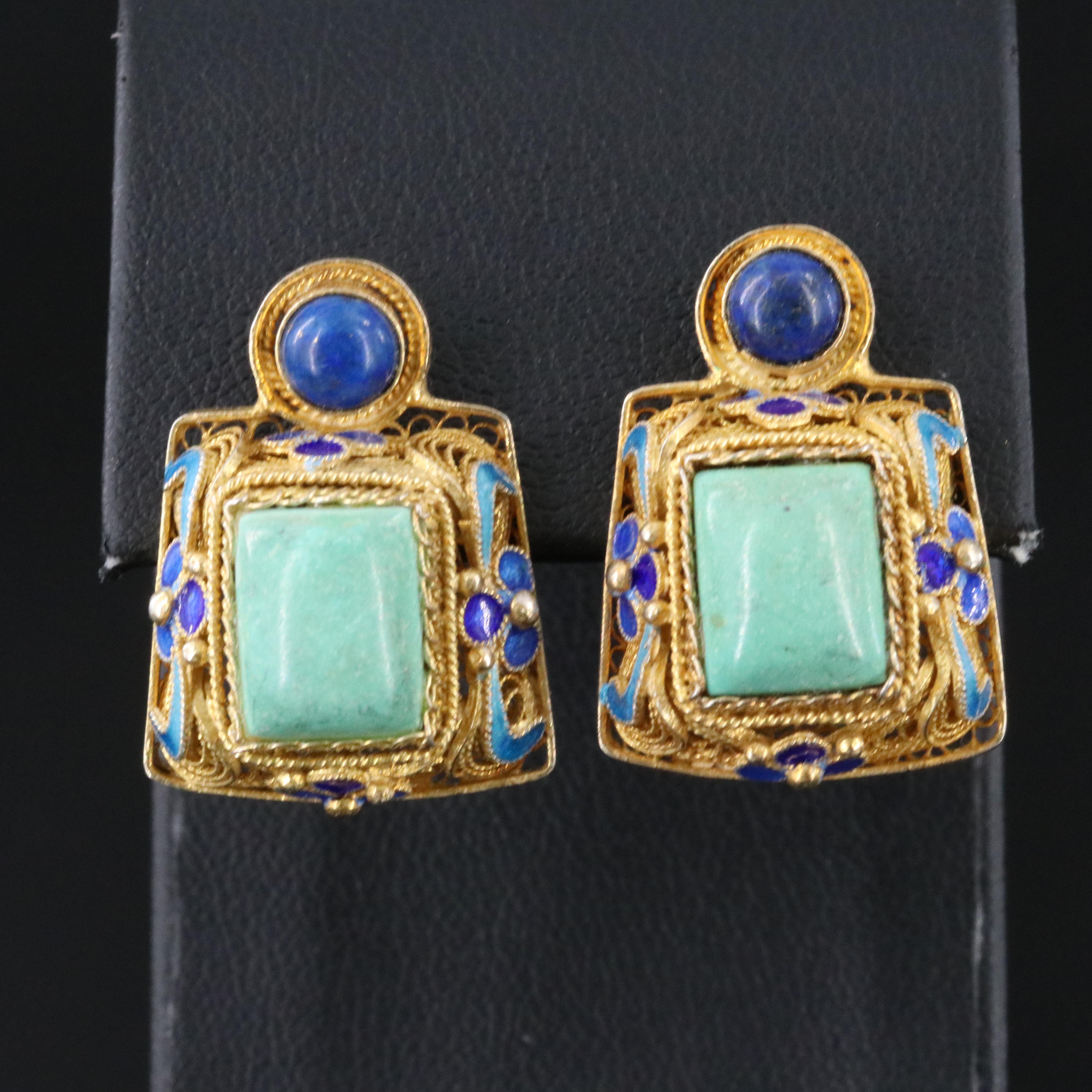 Chinese Export Turquoise, Enamel and Lapis Lazuli Jewelry Featuring Sterling
