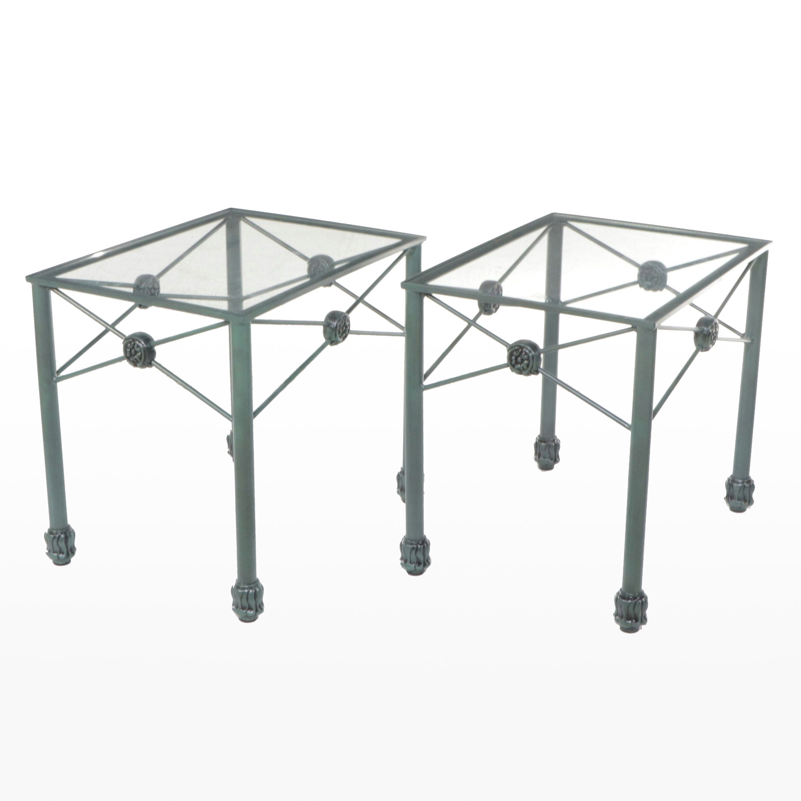 Pair of Wrought Iron Frame End Tables with Glass Tops