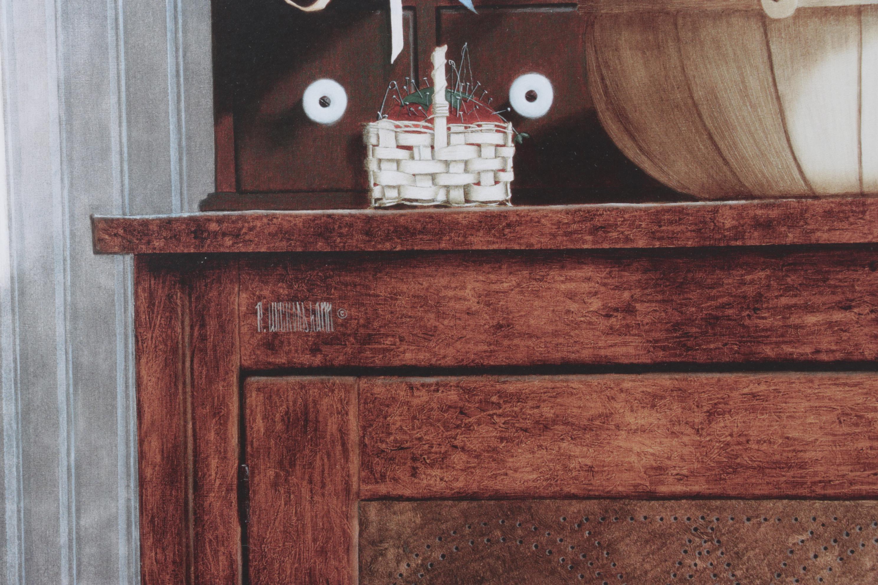 Ron Wickersham Offset Lithograph Still Life of Yarn Bundles and Sewing Utensils