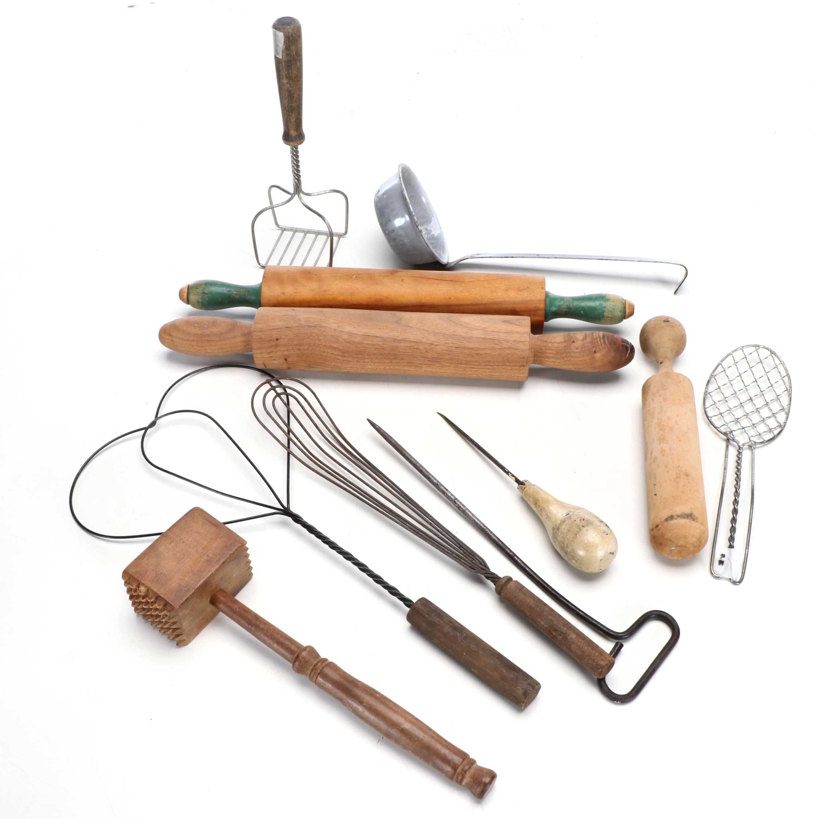 Vintage Wooden Rolling Pins with Other Kitchen Utensils