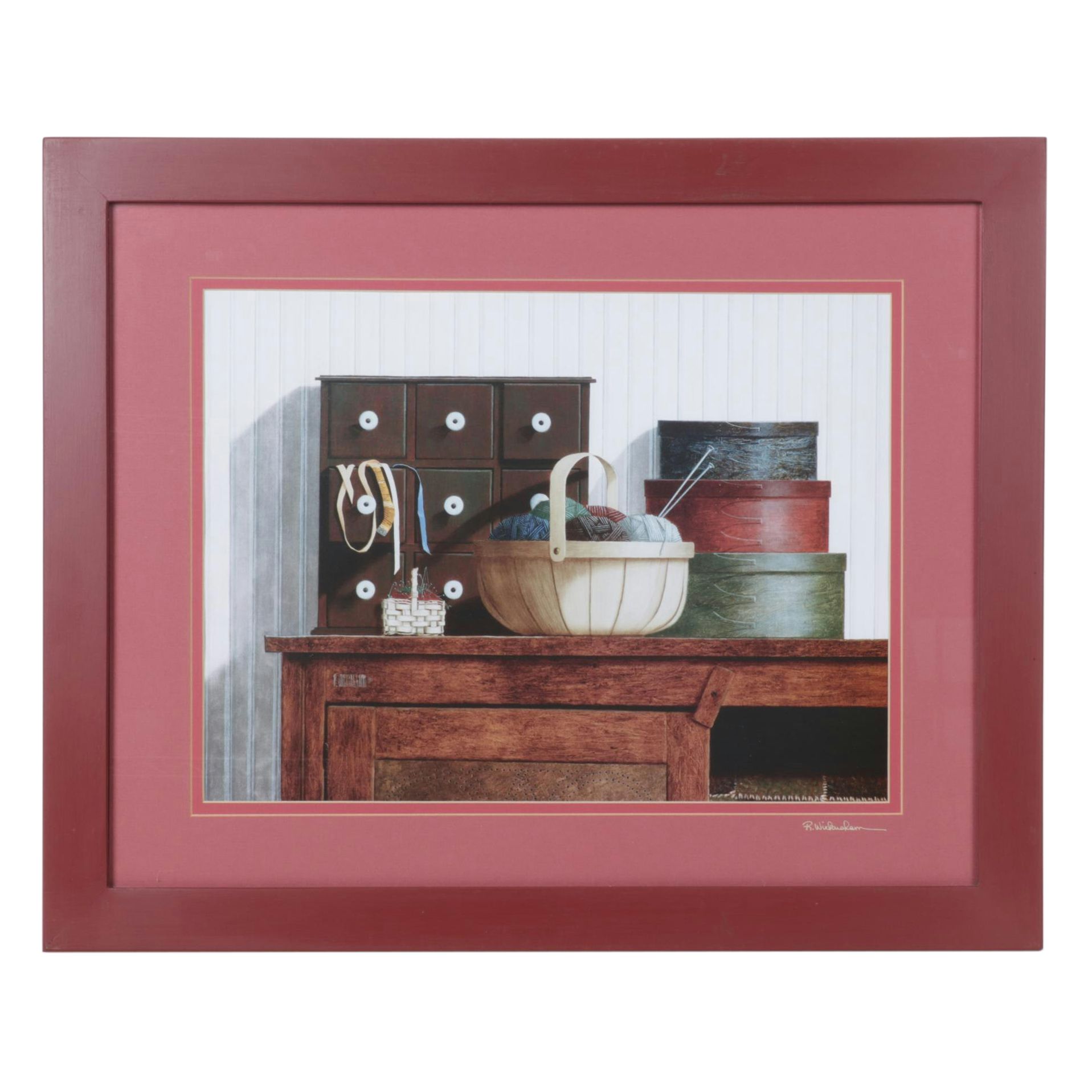 Ron Wickersham Offset Lithograph Still Life of Yarn Bundles and Sewing Utensils