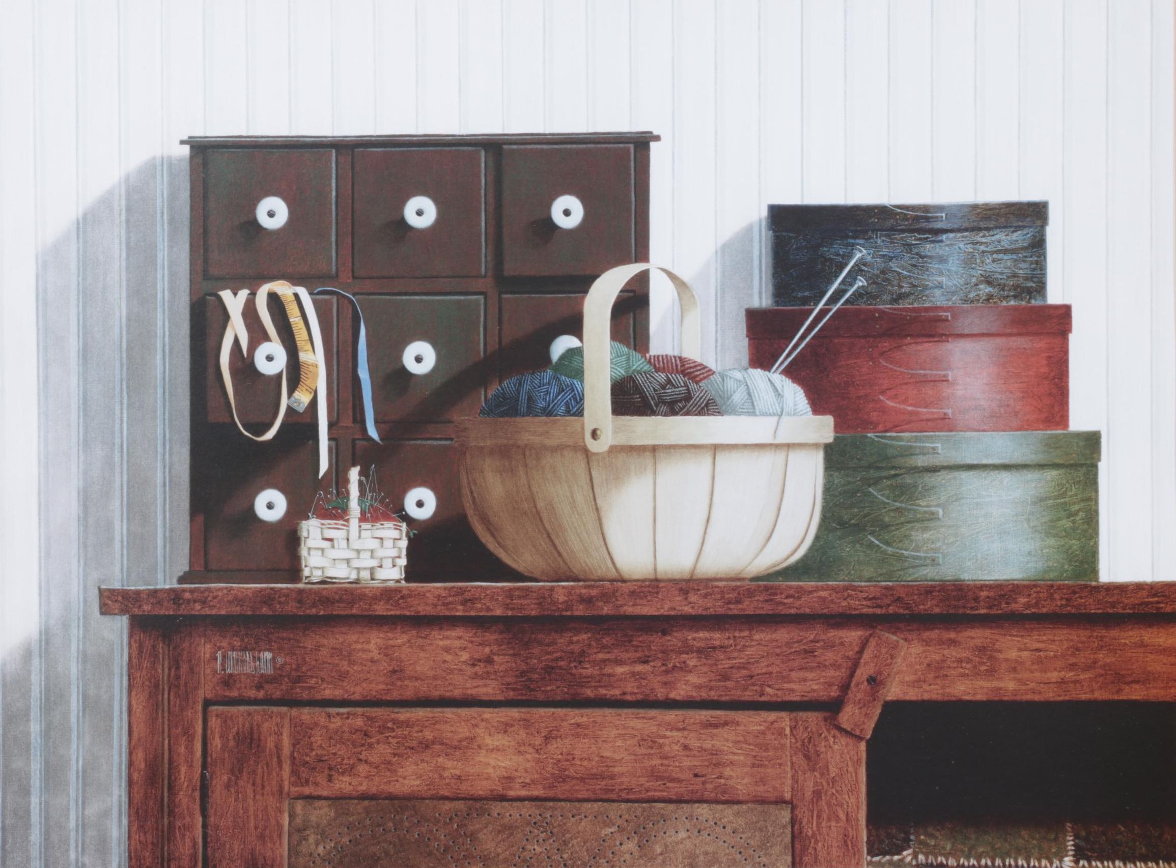 Ron Wickersham Offset Lithograph Still Life of Yarn Bundles and Sewing Utensils