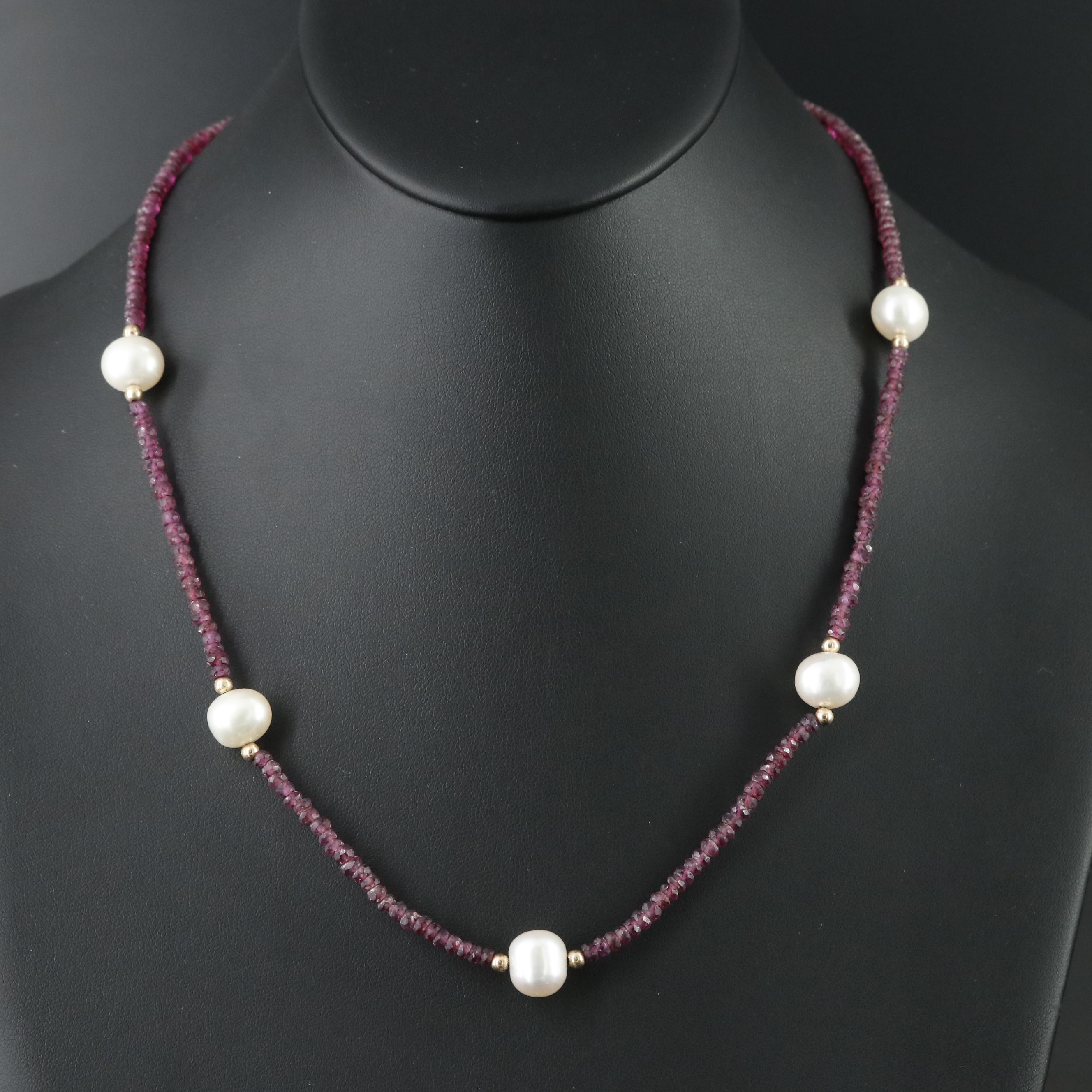 Pearl and Rhodolite Garnet  Necklace with 14K Clasp